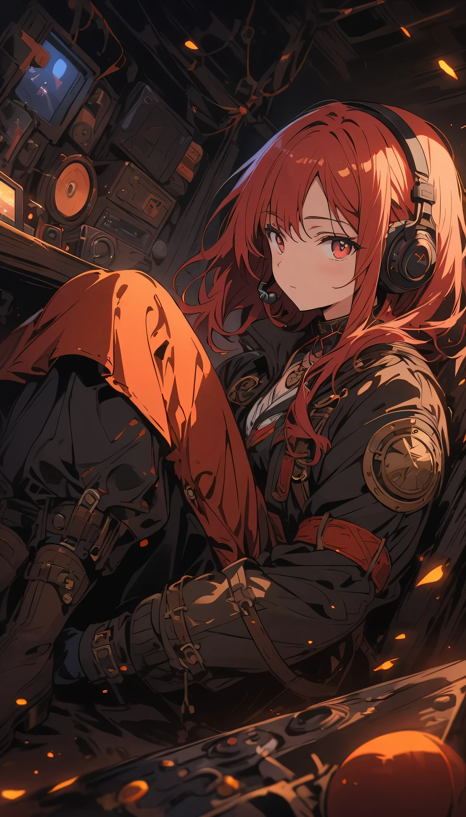 (highest quality、masterpiece、High resolution、detailed)Anime Style、flat style、(Shining Eyes、Beautiful Face),  anime style, super fine illustration, highly detailed, dynamic angle, beautiful detailed, 8k, In the darkness of the night, a room filled with the ambiance of steampunk. BREAK A female soldier, dressed in military attire, sits amidst the surroundings. BREAK She wears a headset with a microphone, amidst the clutter of numerous wireless devices.