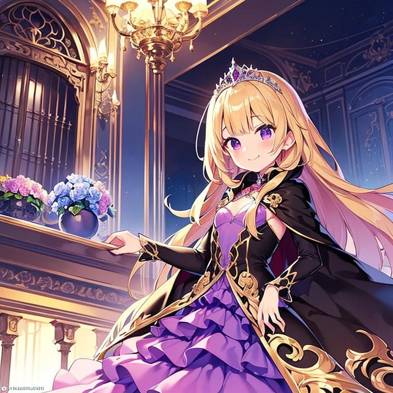 (kawaii),(best quality),(ultra detailed), upper body,(rococo style),(long train dark violet cape:1.15), very long cape,(long train dark violet ball gown with flower decorations), a girl is wearing a cape over her gown, 1 little princess, tiara, smile, small breasts, very long hair