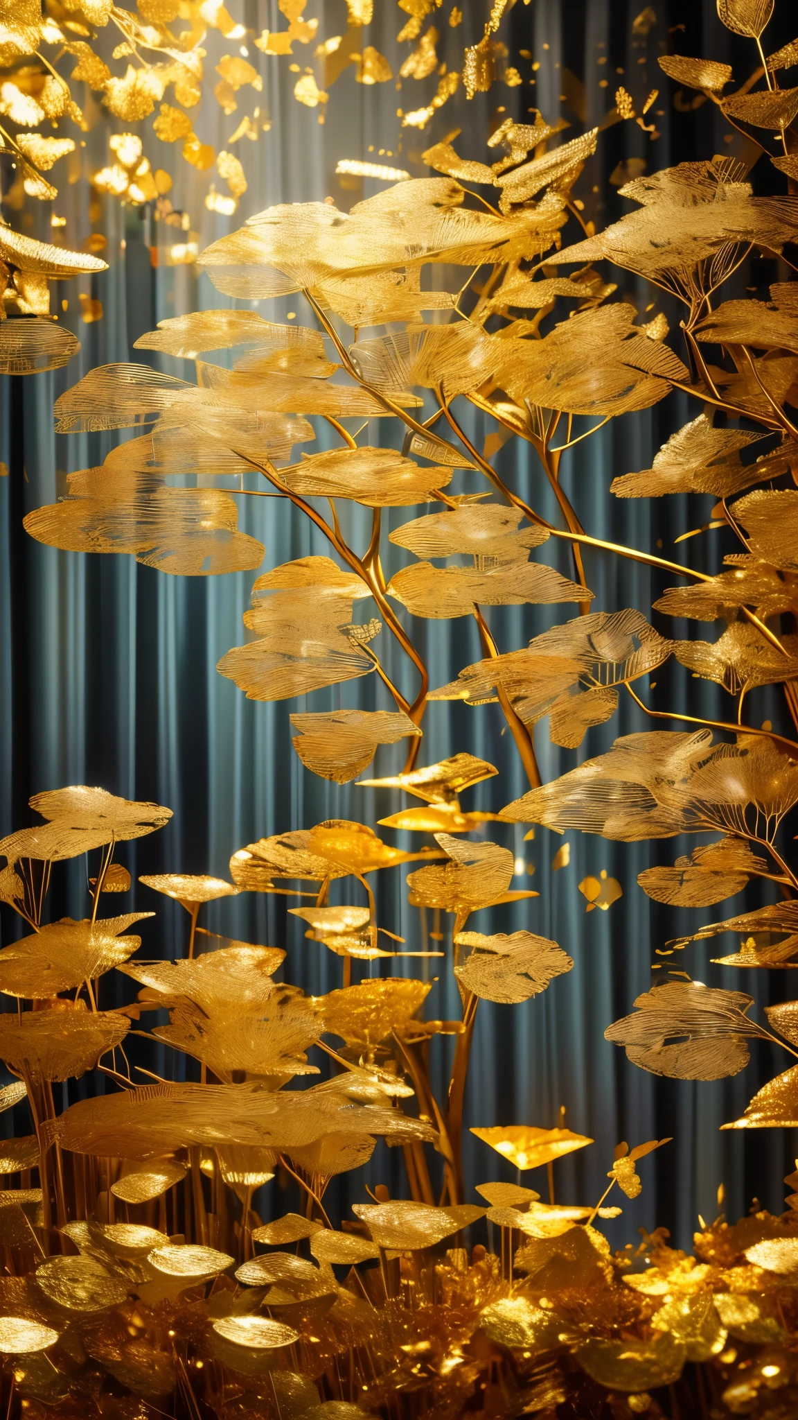 highest quality, Super quality, 16k, RAW Photos, Realistic, Incredibly absurd, Very detailed, delicate, Flashy and dynamic depiction, Translucent gemstone pillar, Rainbow light reflecting off the screen, And that (Gold Leaf:1.3) curtains hanging from them swaying in the Wind, Wind, Wind-effect, (Motion Blur:1.5), Blended Art, Mixture Art, design art