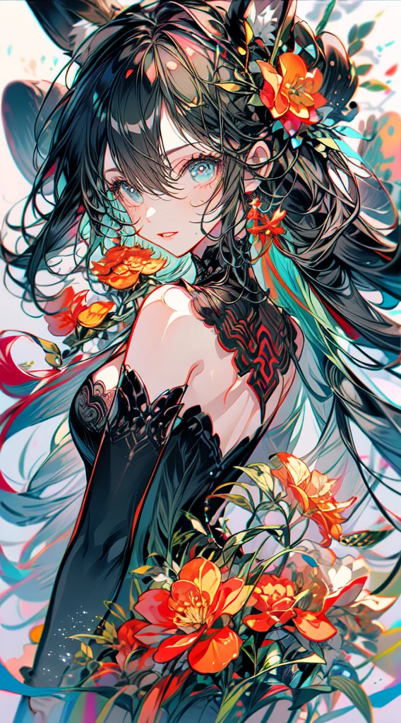 1girl, wlop, (blindfold), breasts, cleavage, cleavage cutout, dress cutout, green background, hair between eyes, headband, high resolution, juliet sleeves, long sleeves, nier (series), nier automata, fluffy sleeves, red lips, shadow face, short hair, solo, turtleneck sweater, upper body, l blue hair, sky, white fox ears, white fox tail, nine-tailed fox,