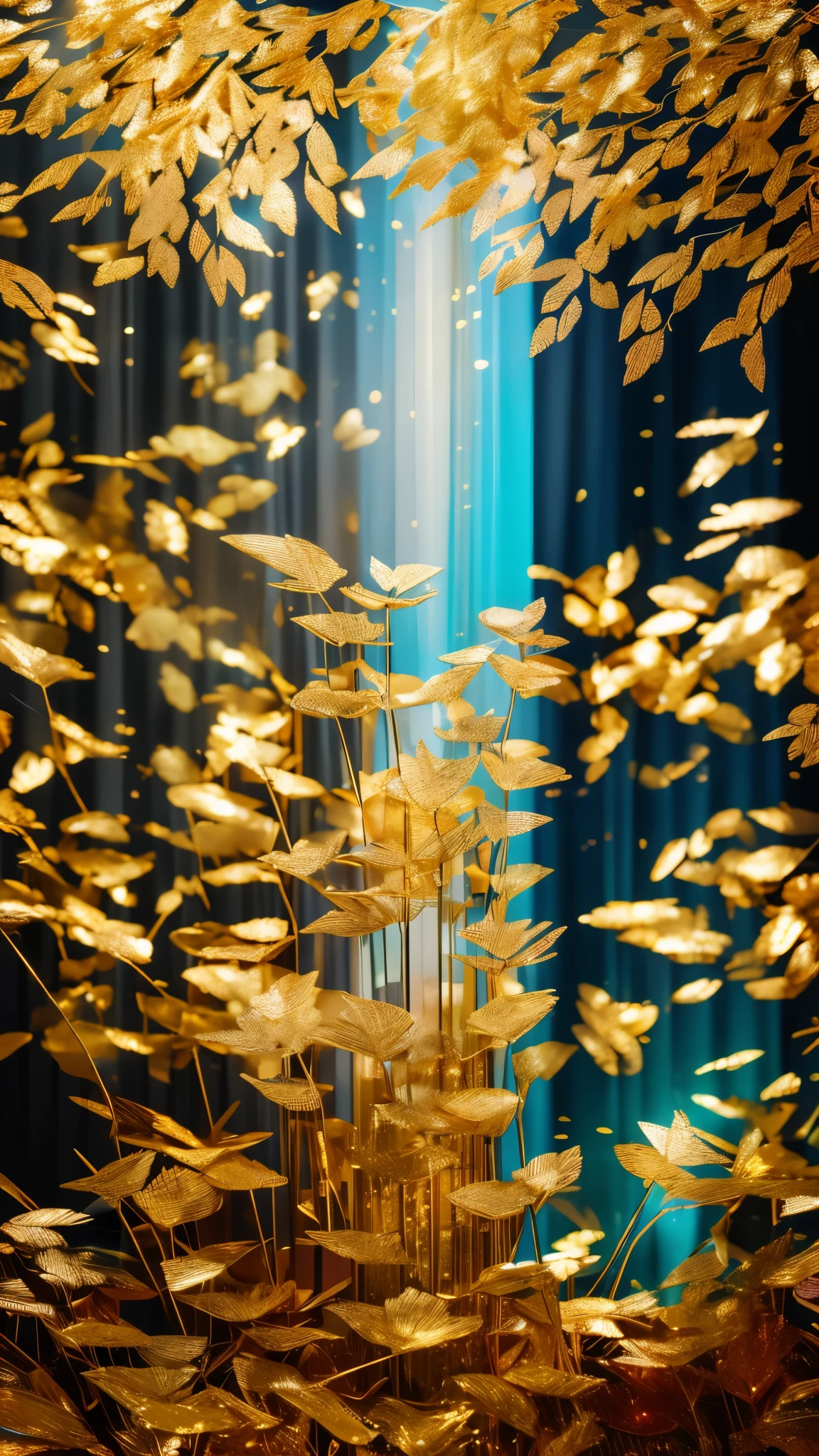 highest quality, Super quality, 16k, RAW Photos, Realistic, Incredibly absurd, Very detailed, delicate, Flashy and dynamic depiction, Translucent gemstone pillar, Rainbow light reflecting off the screen, And that (Gold Leaf:1.3) curtains hanging from them swaying in the Wind, Wind, Wind-effect, (Motion Blur:1.5), Blended Art, Mixture Art, design art