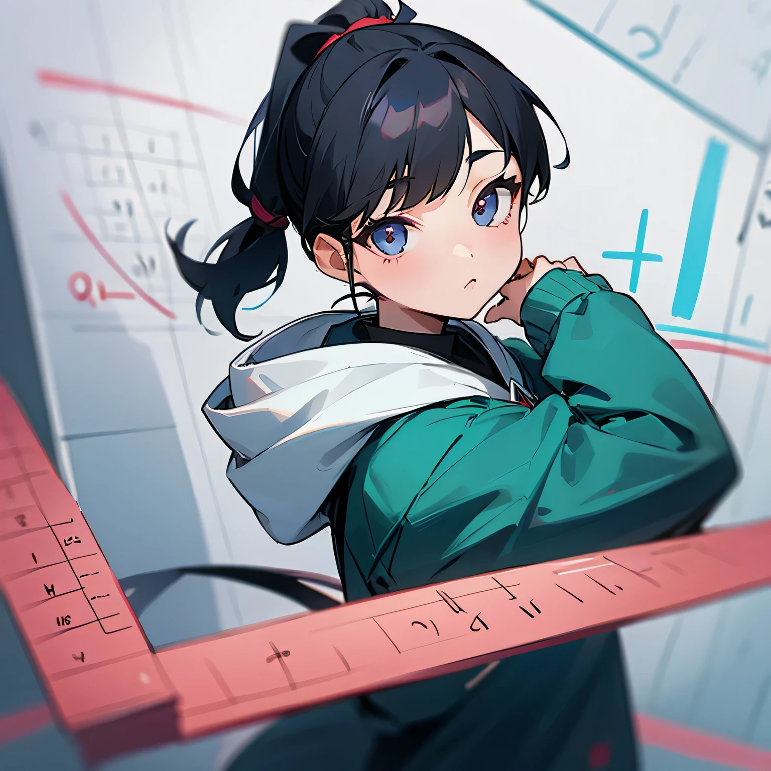 girl、Black Hair、ponytail、hoodie、math