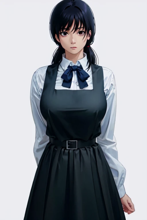 ((masterpiece, highest quality, Very detailed)), One girl, old age_superior, alone, View your viewers, Hayao Miyazaki style, Put your arms behind your back, White Background, work_Flowers, Black Hair, Black Ribbon, black apron dress, manga, anime, black apron dress, Brown eyes, big breasts