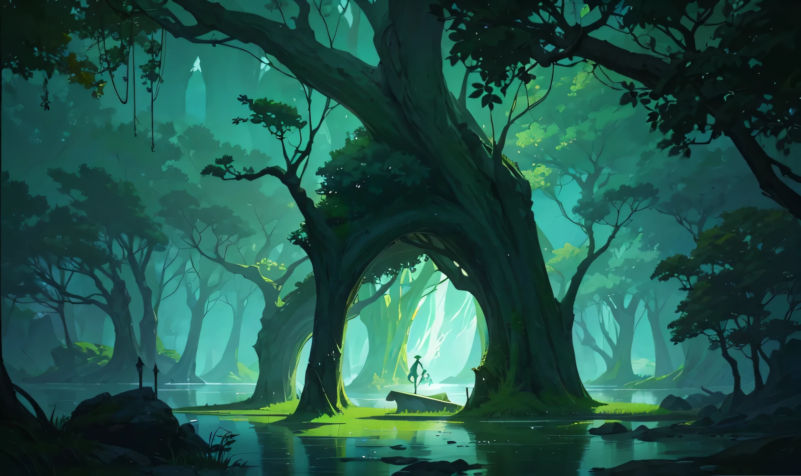 There is a cartoon，The painting shows a tree on the lake with a glowing grass growing from its roots. ,The lake is covered with green plants. The lake is so clear that you can see the bottom. In the distance, various trees grow at random. The trees in the distance also grow on the lake. Animated rural scenery., Ross Chen. Landscape Background, Anime Landscape, low detail. number, Bright Landscape, author：sylvain sarrailh, concept art | Raz, Artie Guerin 8K, Anime Background Art, Stunning art style, high quality number,  The scene has distinct layers. The lake is nearby, with only one light source in the middle.