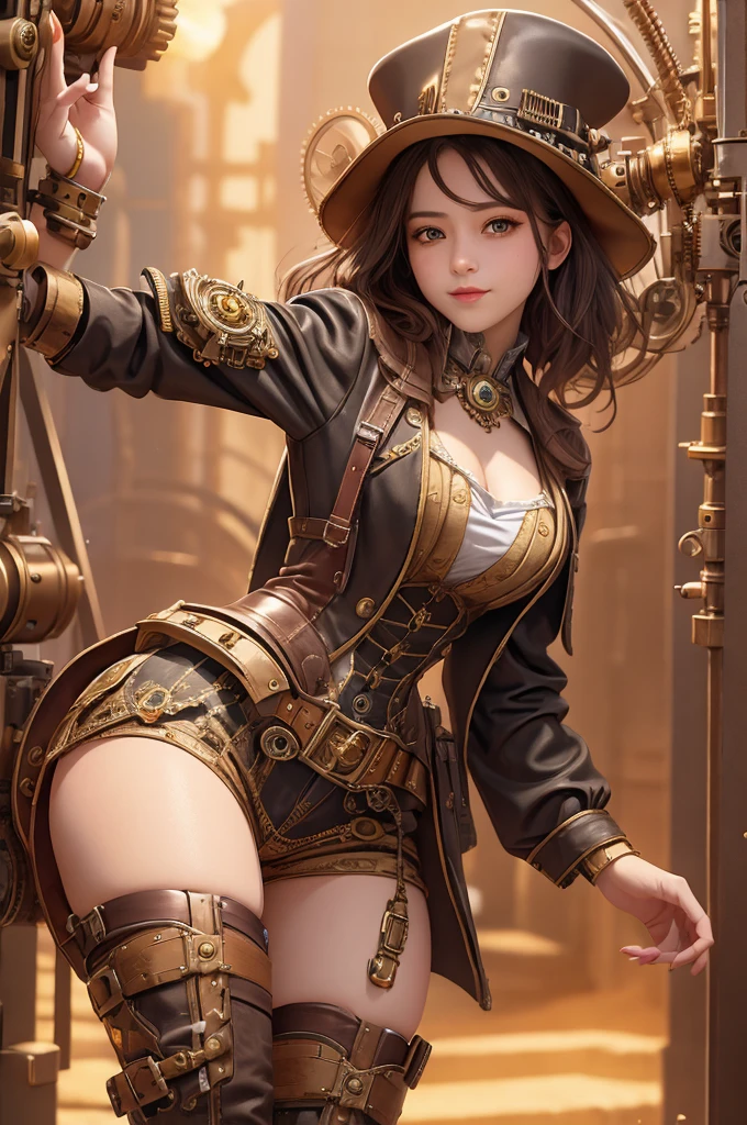 (masterpiece, best quality:1.1), (8k, best quality, masterpiece, ultra highres, ultra-detailed:1.2),a girl,cute,13yo,steampunk fashion,gothic Steampunk hat,goggle,corset jumper skirt(brown),platform cowboy boots,
BREAK,
black hair, eyes with large brown irises,small mouth, smile,very happy, she has Steampunk gun,
BREAK,
combine Western elements with advanced technology,steam technology, steampunk,Late 19th century American West,beautiful lighting, volumetric lighting, dynamic angle, looking at viewer, (photographic portrait), sharp,