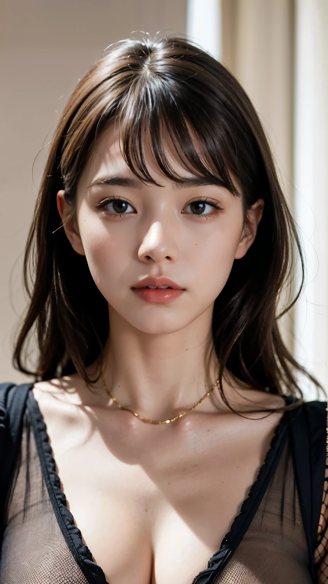 ((Best quality, 8k, Masterpiece, ultra detailed, ultra high res, photorealistic, raw photo, absurdres, absolutely resolution:1.5)), pretty woman, 1girl, slender abs :1.5, dark brown hair, bob cut, large breasts, (smile, NSFW:1.5, collared white shirt, half undress:1.5, tartan check skirt, fishnet pantyhose), ultra-detailed face, highly detailed lips, detailed eyes, double eyelid