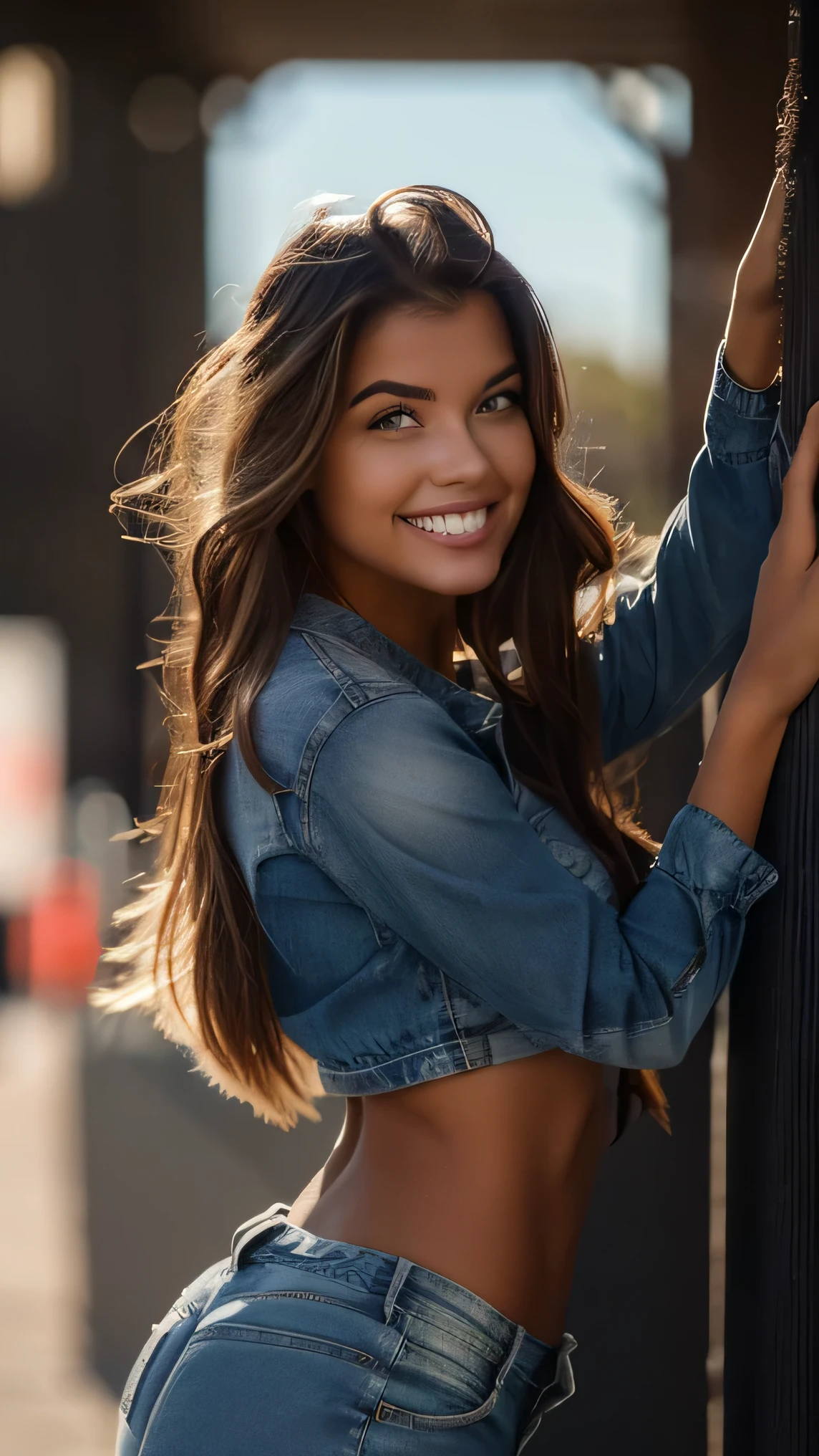 queixo feminino, sorriso aberto, dentes perfeitos, 8k, wearing jeans, good for work, side view