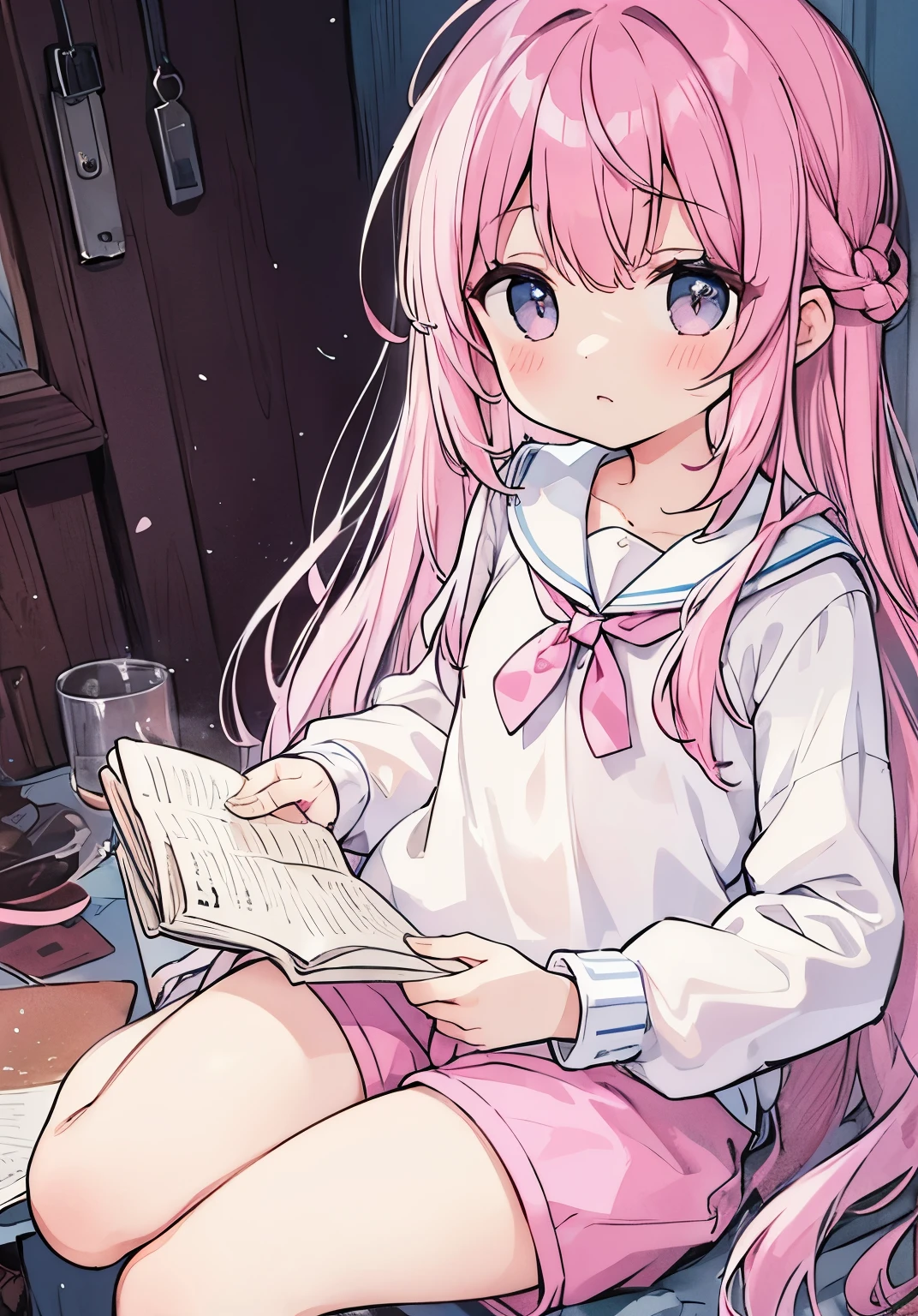 Beautiful illustrations, highest quality, (12 year old girl:1.4)、(pretty girl:1.5)、、Flat Chest、Sailor collar、(White long tunic)、White long-sleeved sailor suit、Blue-line cuffs、(pink chino shorts:1.4)、(pink shorts with wide opening:1.2)、Gap between thigh and pants、Slim thighs、White socks、 Cinematic lighting, (Pink Long Hair)、Pink Straight Hair、Redness on the cheeks、(Braiding of the back of the head)