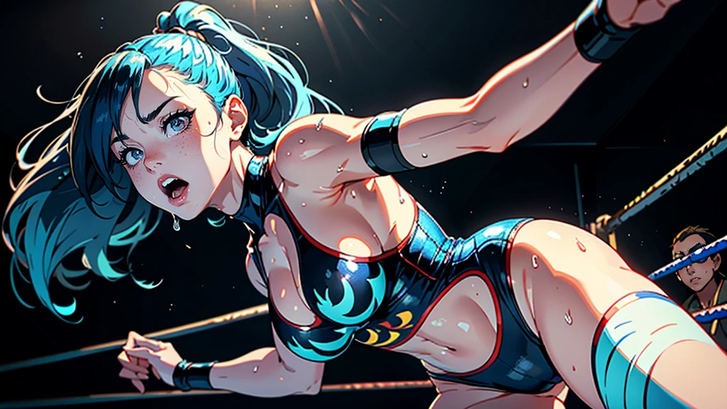 masterpiece, highest quality, (Highly detailed CG Unity 8k wallpaper), (highest quality), (Best illustrations), (Best Shadow), Confused, Realistic lighting, (abyss), Beautiful and delicate shine,victory,Random Pause,((Bare skin wet with sweat,Female professional wrestler)),Cute freckles on the cheeks,Mole under left eye,Hair wet with sweat,Luxuriously decorated wrestling costume,pain,suffering,ring,Plump,Villain wrestler,A female wrestler with blue dyed hair,game,pain,anger,