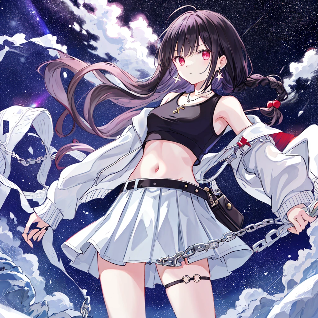 1 girl, solo, skirt, dwarf, navel, stomach, shirt, necklace, mini skirt, sleeveless, jacket, jewelry, earrings, thighs, braid, belt, standing, sky, undershirt, night, chain, sideburns, expressionless, thighs, long hair, crop top , sleeveless shirt, shoulders, bare shoulders, look at the audience, spaghetti band, denim lens, pleated skirt, white jacket, very long hair, white shirt, open jacket, black necklace, black hair, white skirt, thigh straps, red eyes, revealing clothes, long sleeves, Purple eyes, Zetai Ryūki, black shirt, stars (sky),
