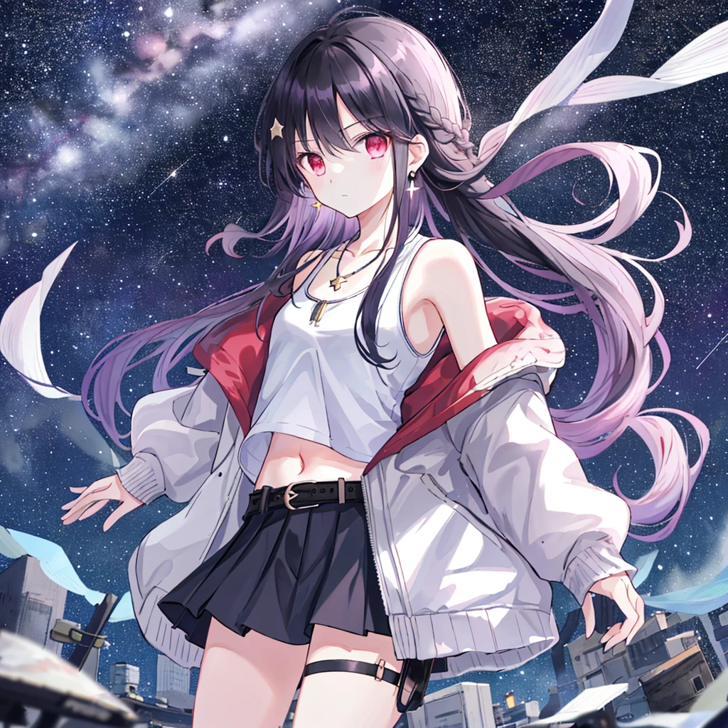 1 girl, solo, skirt, dwarf, navel, stomach, shirt, necklace, mini skirt, sleeveless, jacket, jewelry, earrings, thighs, braid, belt, standing, sky, undershirt, night, chain, sideburns, expressionless, thighs, long hair, crop top , sleeveless shirt, shoulders, bare shoulders, look at the audience, spaghetti band, denim lens, pleated skirt, white jacket, very long hair, white shirt, open jacket, black necklace, black hair, white skirt, thigh straps, red eyes, revealing clothes, long sleeves, Purple eyes, Zetai Ryūki, black shirt, stars (sky),