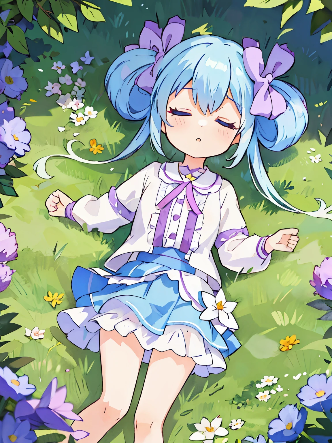 highest quality,Very detailed,masterpiece,White shirt, Pink mini skirt, Frills, Flat Chest, Long Hair, blue eyes, Double good, Purple ribbon, Blue Hair, Twin tails, Hair between the eyes, hair bow, Eyebrows visible through hair,Flower Field,Spread your hands,Lying on your back,lying on the ground,4K resolution,Chibi,Close ~ eyes,sleep,Landscape