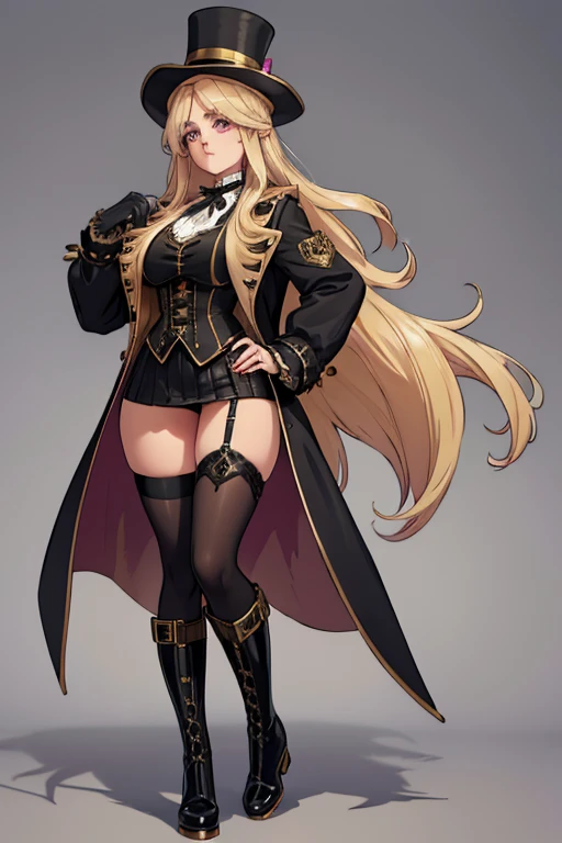 female, blonde long hair, pink eyes, (((1girl))), (((black Victorian coat))), (white shirt), (black gloves), (gold vest), (black skirt), (brown tights), (black steampunk boots), cute and sexy, large breasts, large butt, full body, long legs