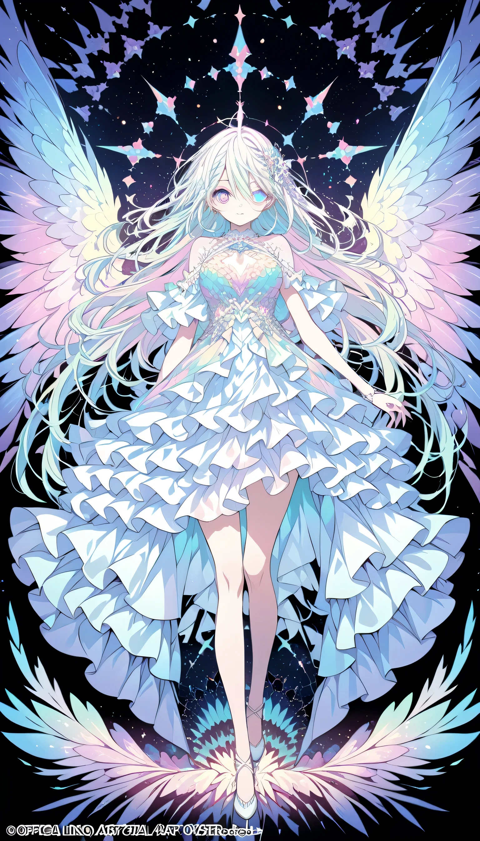 (Absurd、High resolution、Super detailed)、One girl、Highly detailed eyes、(Official Art, beauty and aesthetics: 1.2)、(Fractal Art: 1.3)、Pastel color scheme、Most detailed、Chiffon frill flare dress、