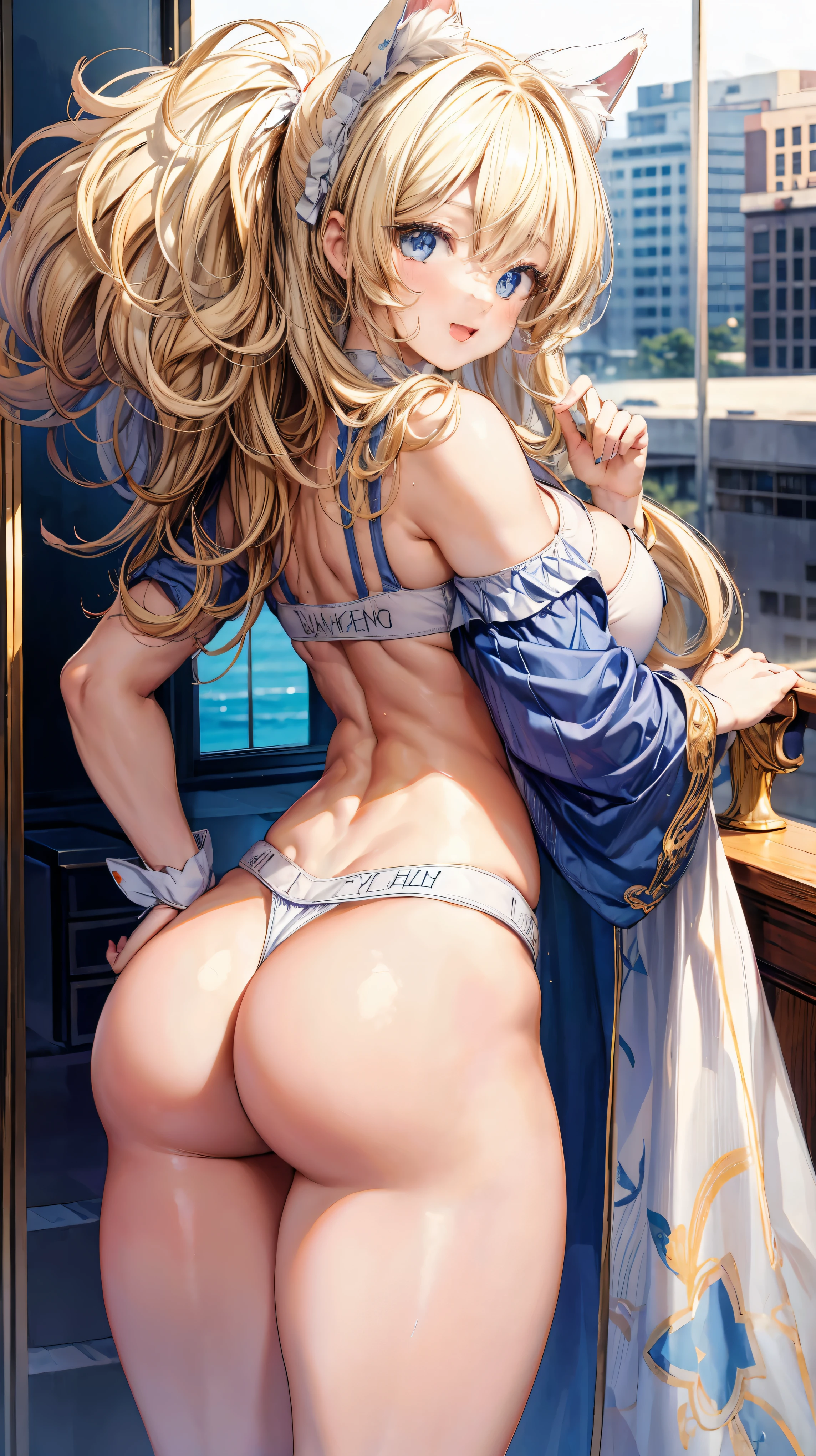Super detailed、highest quality、Best image quality、masterpiece、8K、Anime Face、A kind smile、Open Mouth、Sparkling Blue Eyes、(Long blonde curly hair:1.3)、Cat ears grow、Wearing a frilly headband、(SFW huge body)、(((Rear view)))、Cowboy Shot、(Wearing a white thong:1.5)、Muscles of the whole body、Put your hands on your hips、It emphasizes the buttocks