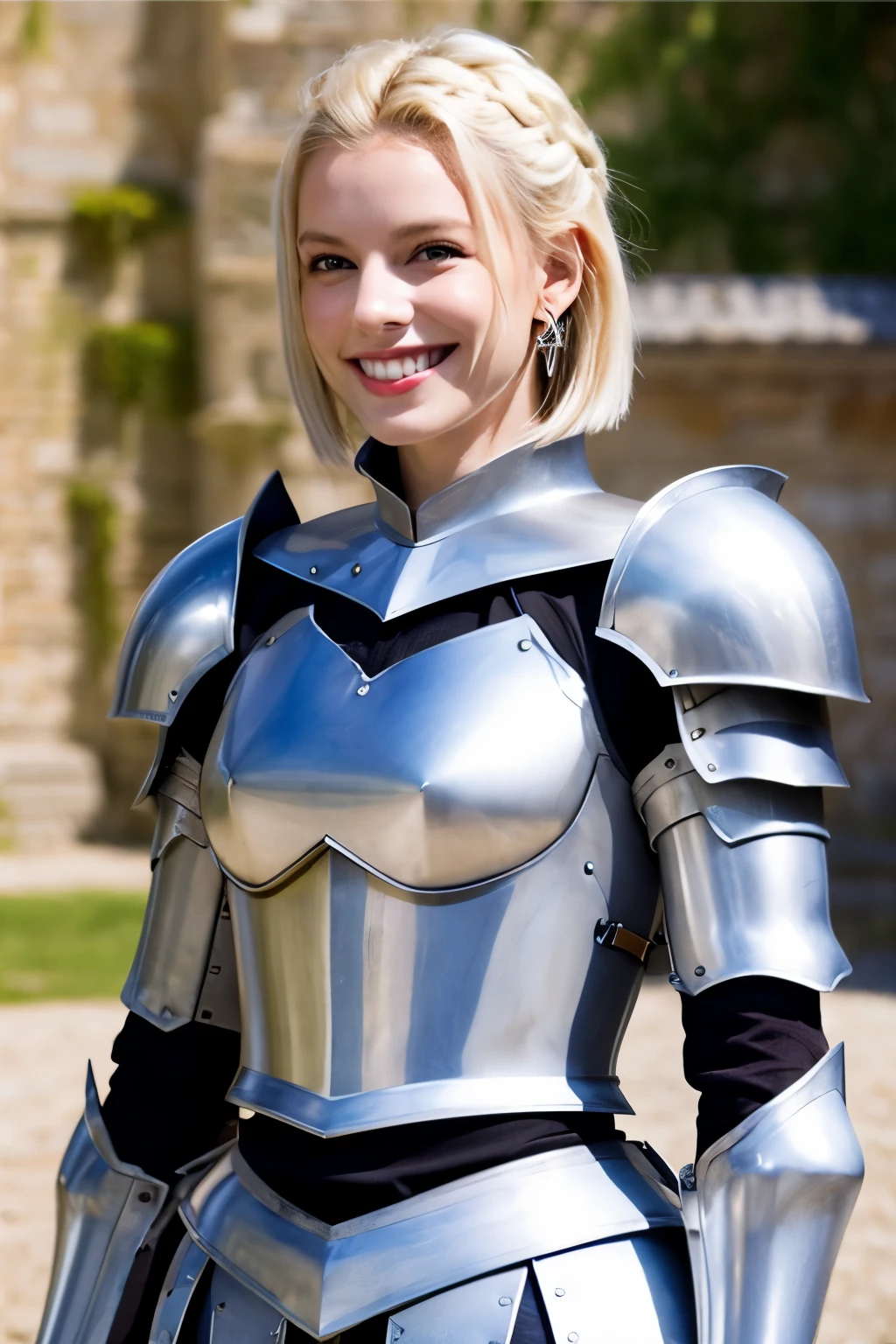 8K、highest quality、female knight、Luxurious Silver Armor、、hairstyle short cut、smile、Beautiful Teeth、Full body photo、ear piercing、blonde、White woman、blue eyes、Heavy makeup、The background is inside the castle