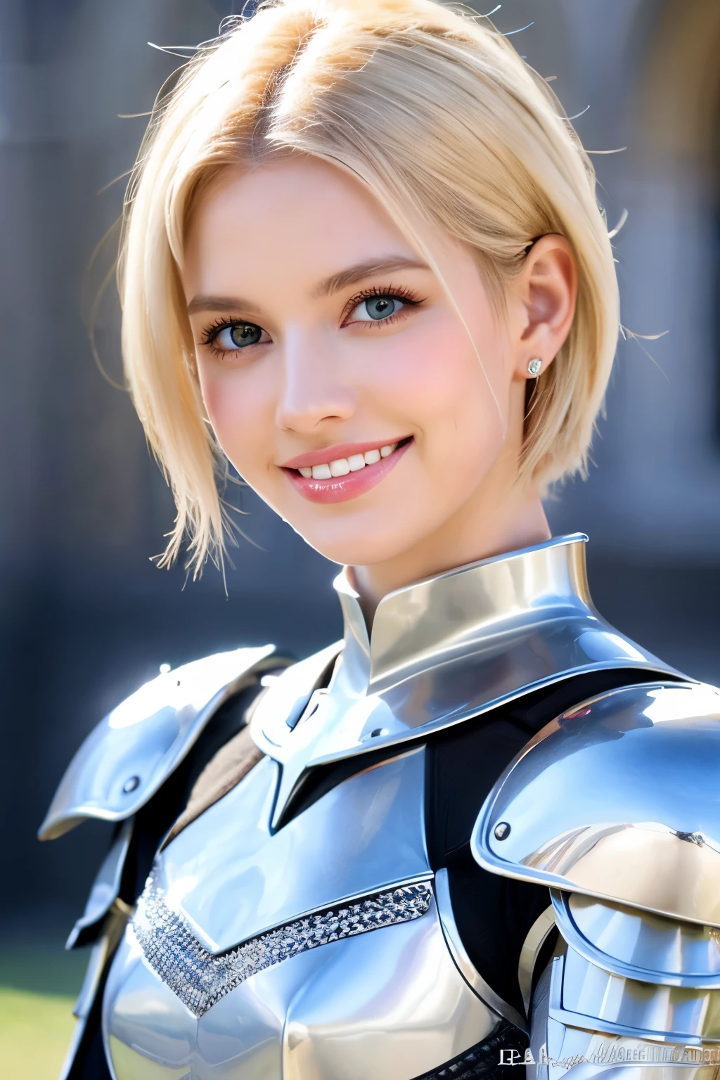 ８Ｋ、highest quality、female knight、Luxurious Silver Armor、、hairstyle short cut、smile、Beautiful Teeth、Full body photo、ear piercing、blonde、White woman、blue eyes、Heavy makeup、The background is inside the castle

