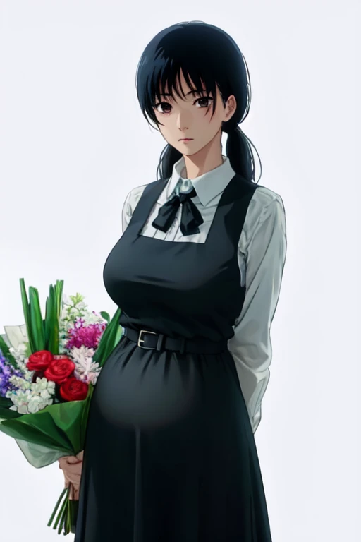 ((masterpiece, highest quality, Very detailed)), One girl, old age_superior, alone, View your viewers, Hayao Miyazaki style, Put your arms behind your back, White Background, work_Flowers, Black Hair, Black Ribbon, black apron dress, manga, anime, black apron dress, Brown eyes, big breasts、Pregnant women