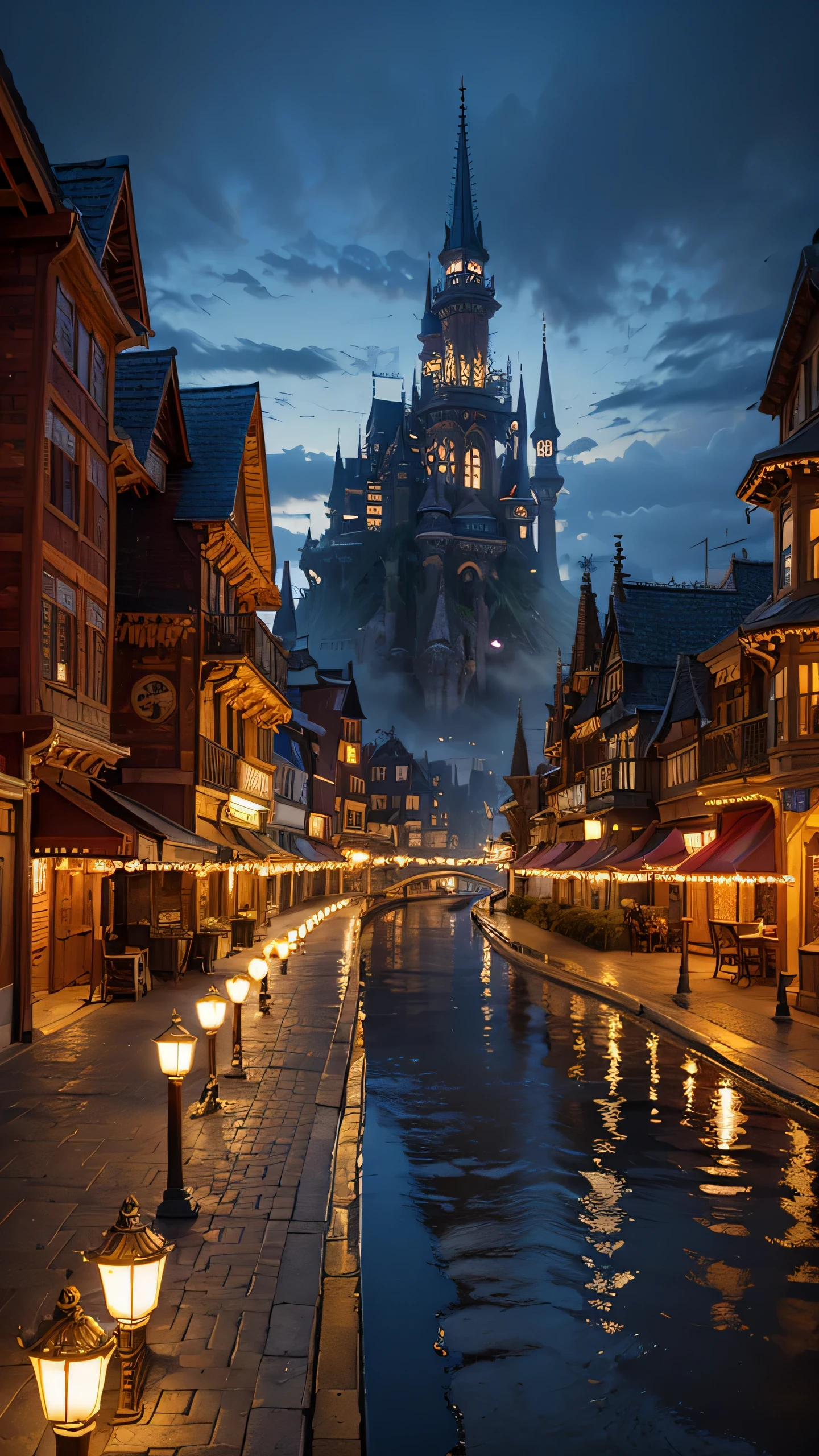 Highest quality,Fantasy,Night view,Streetscape