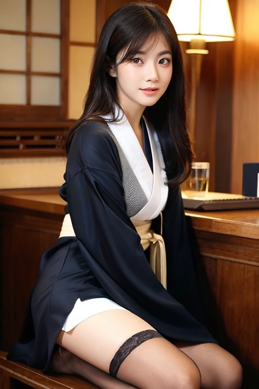 ((highest quality)), ((masterpiece)), (detailed), Perfect Face, ((photorealistic))), ((realistic)), (ultra high definition), best quality, masterpiece, ray tracing, japanese female, ((super fine face)), 1 girl, wearing a Japanese kimono、Length 30cm above the knee、I work at a pub、Raising his leg、show her pantie,Facing forward、Spread your legs、