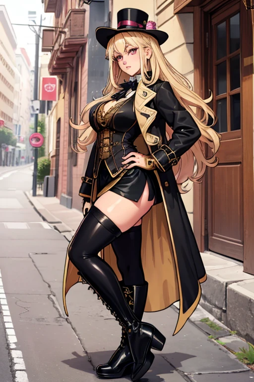 female, blonde long hair, pink eyes, (((1girl))), (((black Victorian coat))), (white shirt), (black gloves), (gold vest), (black skirt), (brown tights), (black steampunk boots), cute and sexy, large breasts, large butt, full body, long legs