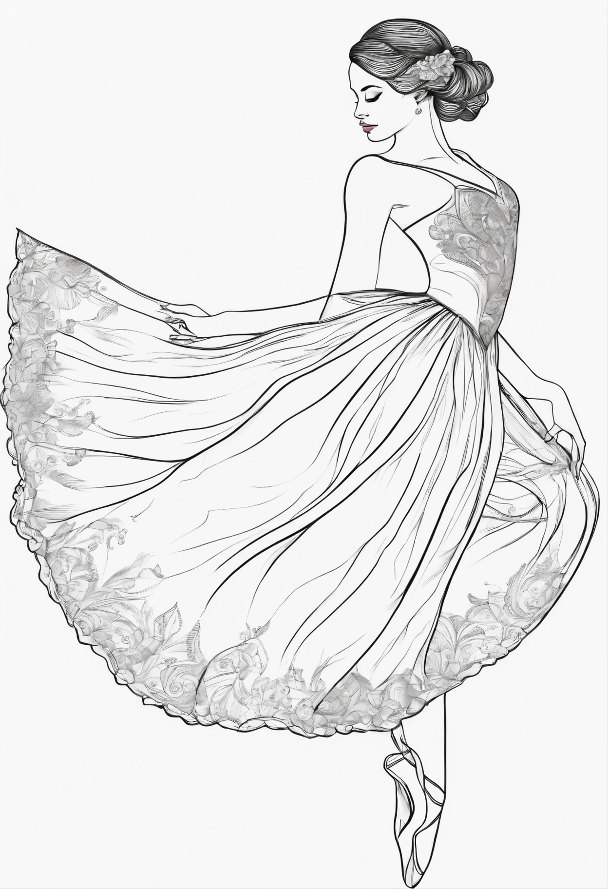 Draw an image of a ballerina in black outline on a white background for coloring.