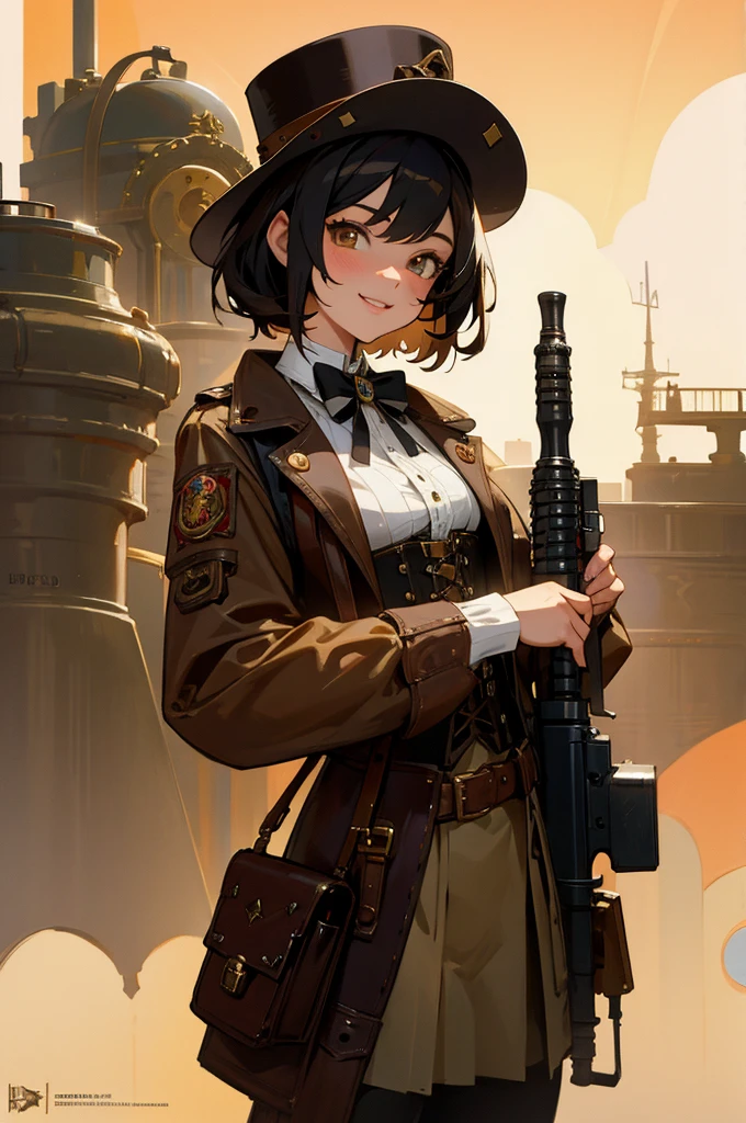 Photorealistic,(masterpiece, best quality:1.1), (8k, best quality, masterpiece, ultra highres, ultra-detailed:1.2),a girl,cute,13yo,steampunk fashion,gothic Steampunk hat,goggle,corset jumper skirt(brown),platform cowboy boots,
BREAK,
black hair, eyes with large brown irises,small mouth, smile,very happy, she has Steampunk gun,
BREAK,
combine Western elements with advanced technology,steam technology, steampunk,Late 19th century American West,beautiful lighting, volumetric lighting, dynamic angle, looking at viewer, (photographic portrait), sharp,