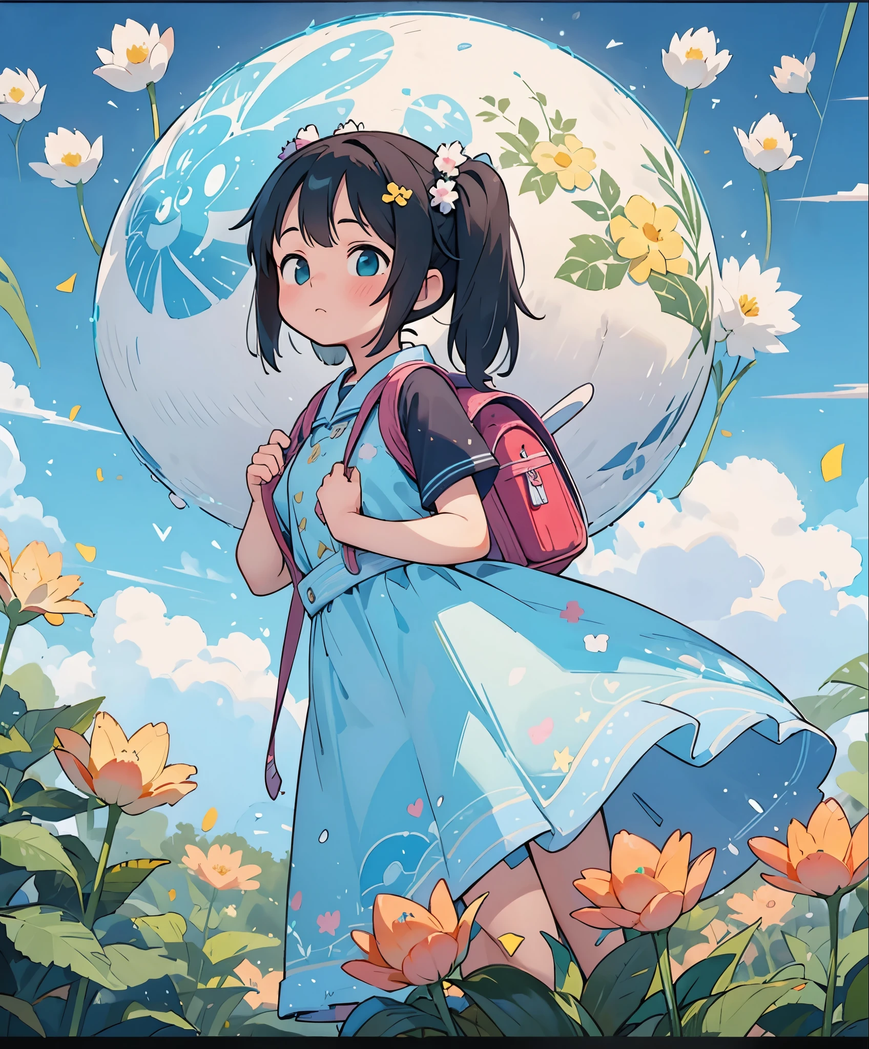 (masterpiece、highest quality、highest quality、Official Art、Beautiful and beautiful:1.2)、(One girl:1.3)Hatsune Miku、Twin tails,Big Breasts,Tips: Her cute puppy is very attractive and wearing a backpack.、Enjoying a nice spring outing surrounded by beautiful yellow flowers and nature。. The illustrations are high definition illustrations with 4k resolution., Featuring highly detailed facial features and cartoon-style visuals.