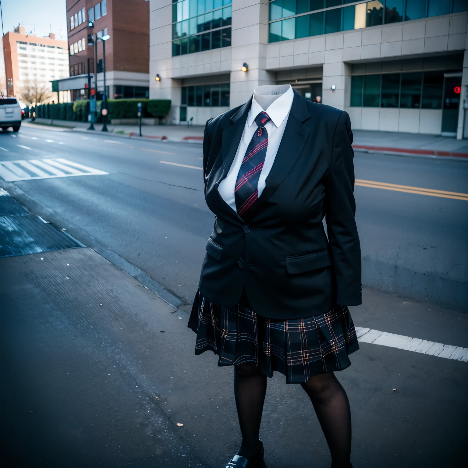 school, dark blue skirt, chubby, fat, short skirt, tights, school tights, loafers, from above, blazer, (invisible, no humans, headless, faceless:1.5), cute big breasts