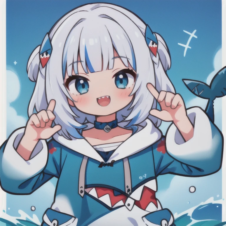 (masterpiece, highest quality), Intricate details, 8k, Art Station, wallpaper, Official Art, Splash Art, smile,
One girl, gawr mouth, Sharp teeth, shark tail, mouth_hoodie, blue hoodie, shark hair ornament, Face Focus,
Dungeons, Blake excited, Happy,In the sea,