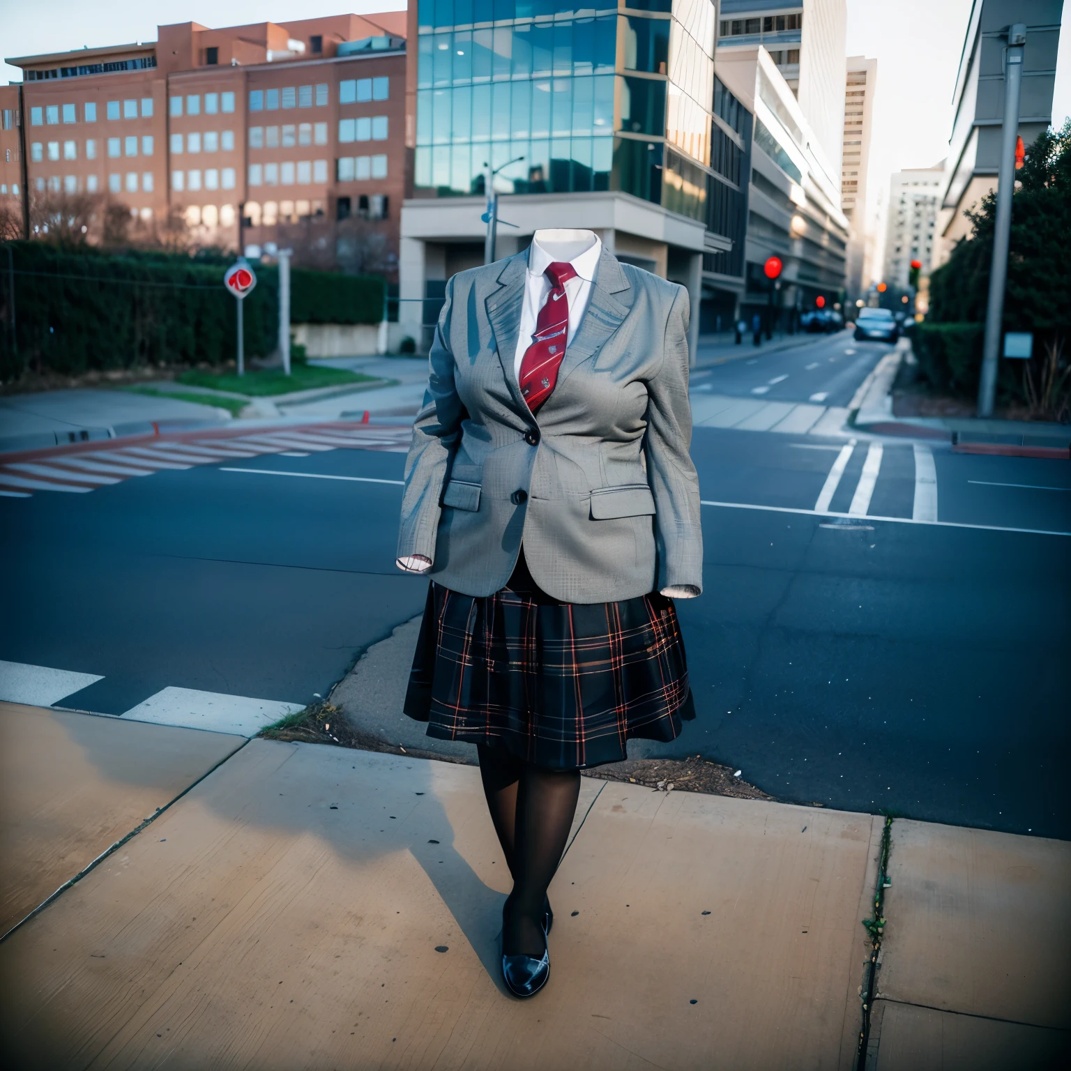 dynamic pose, stripe tie, plaid skirt, fat, tights, school tights, loafers, from above, blazer, (invisible, no humans, headless, faceless:1.5), cute big breasts, (8k, RAW photo, best quality, masterpiece:1.2), (realistic, photo-realistic:1.37), photon mapping, radiosity, ((Hasselblad photography)), physically-based rendering