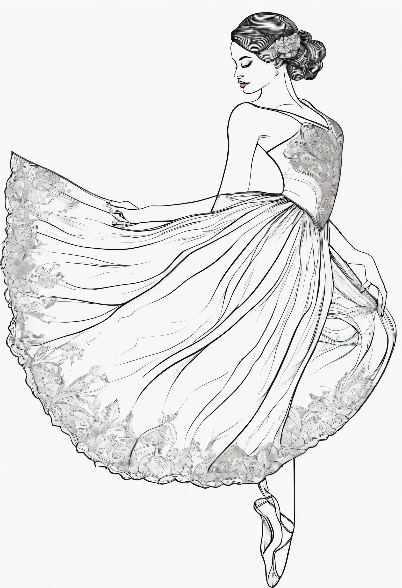 Draw an image of a ballerina in black outline on a white background for coloring.