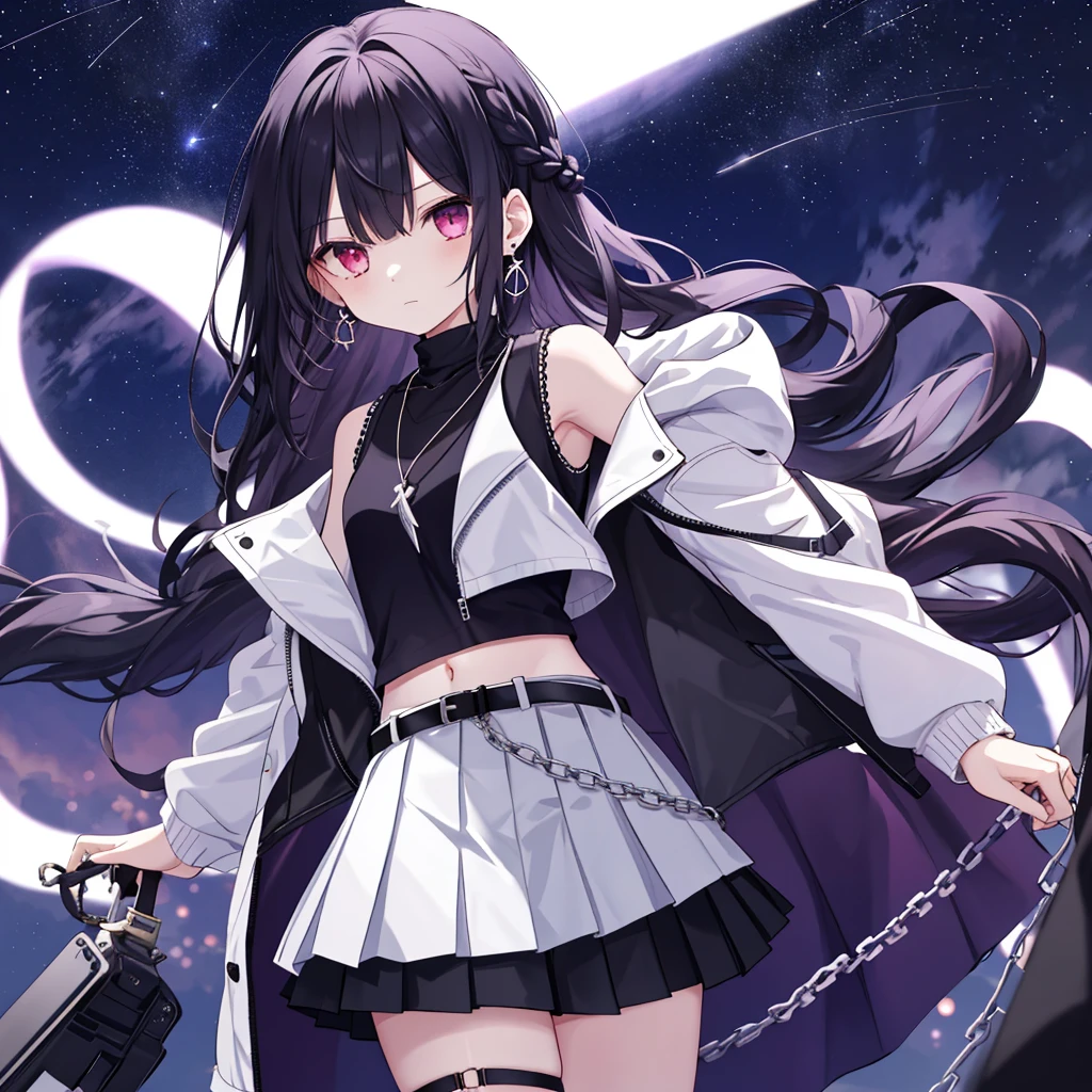 1 girl, solo, skirt, dwarf, navel, stomach, shirt, necklace, mini skirt, sleeveless, jacket, jewelry, earrings, thighs, braid, belt, standing, sky, undershirt, night, chain, sideburns, expressionless, thighs, long hair, crop top , sleeveless shirt, shoulders, bare shoulders, look at the audience, spaghetti band, denim lens, pleated skirt, white jacket, very long hair, white shirt, open jacket, black necklace, black hair, white skirt, thigh straps, red eyes, revealing clothes, long sleeves, Purple eyes, Zetai Ryūki, black shirt, stars (sky),