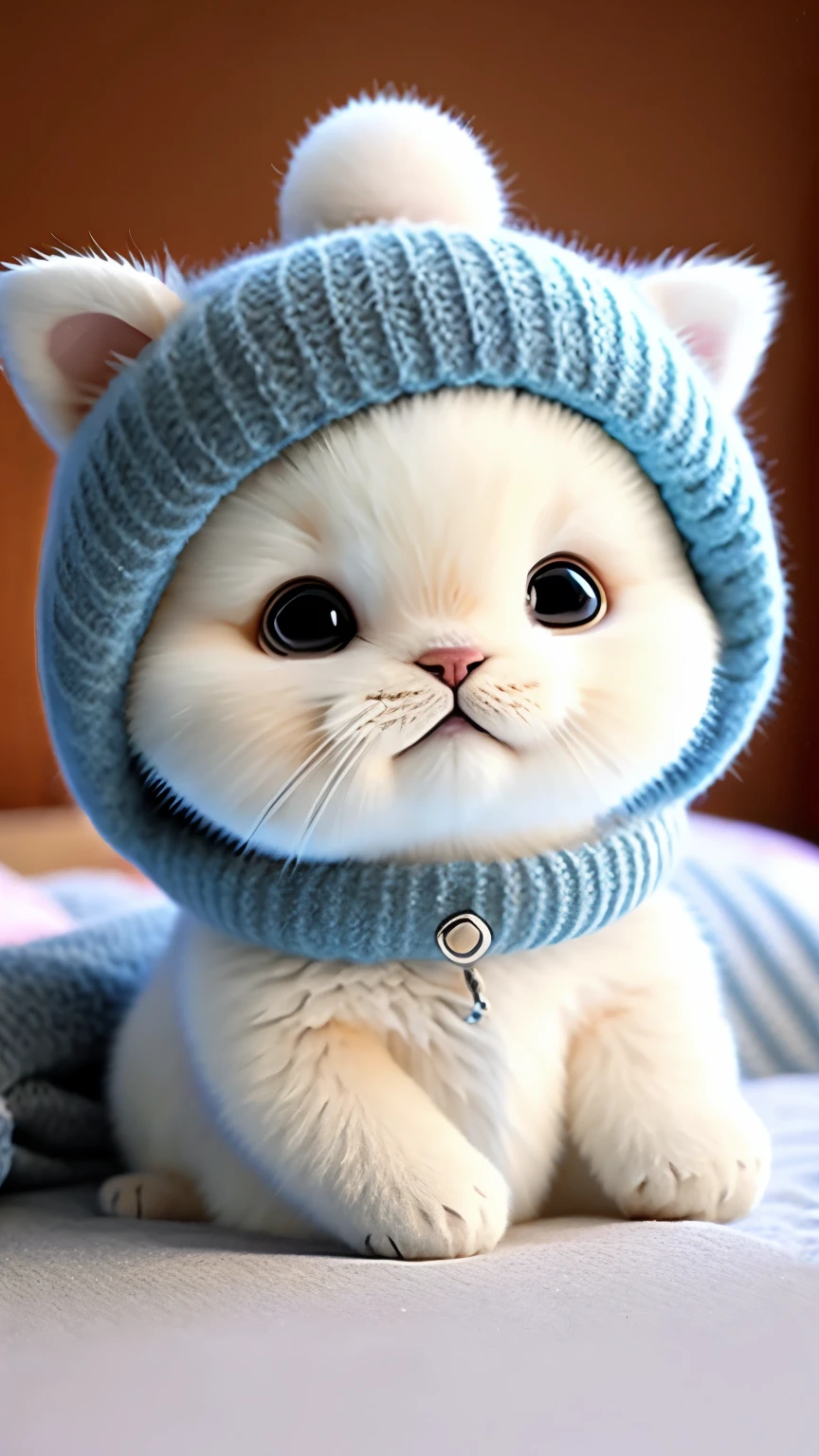 An eighteen-year-old boy sat on the bed，A golden puppy lies on the bed，Silver gradient kitten on head