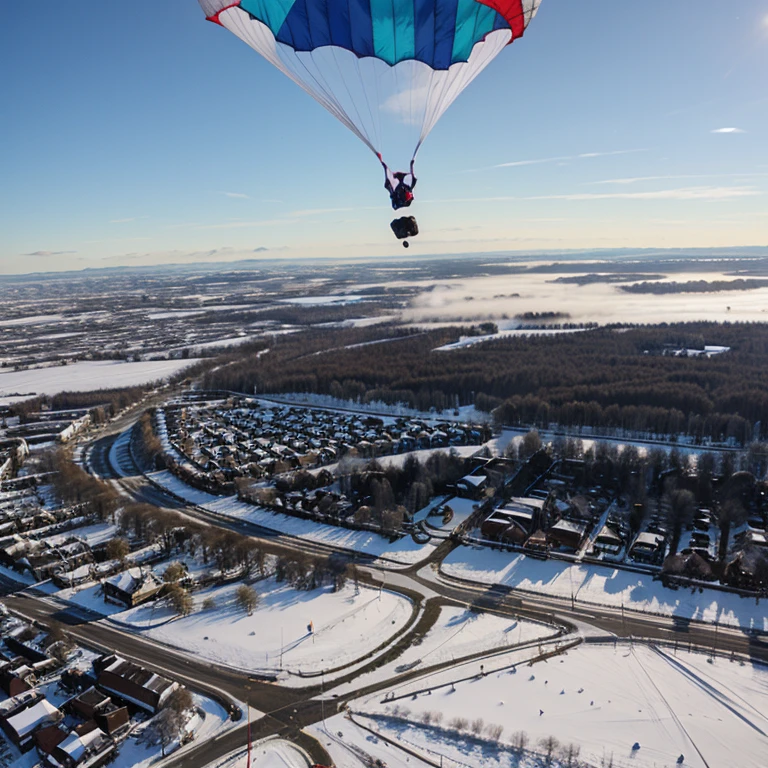 Beautiful parachute over a snowy city, View from above