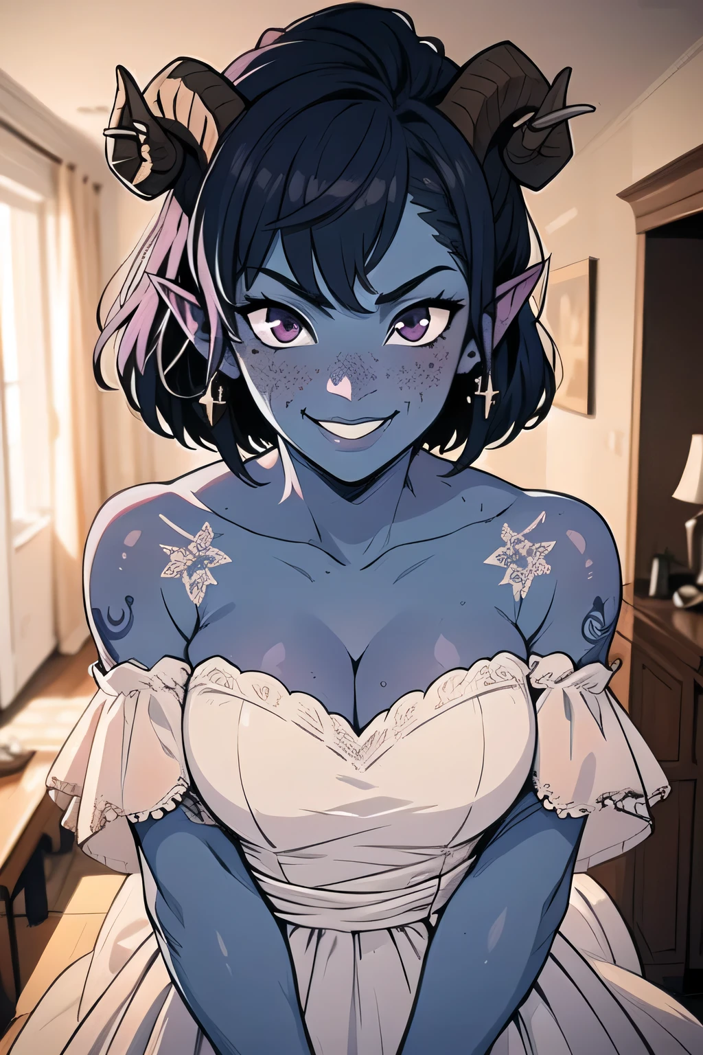 masterpiece, best quality, 1girl, jesterlavorre, blue hair,  purple eyes, blue skin, short hair, freckles, colored skin, horns, pointy ears, silver tattoo across shoulders and clavicles, tiefling, smile, looking at viewer, solo, mischievous smile , cleavage, wedding dress, off shoulder dress