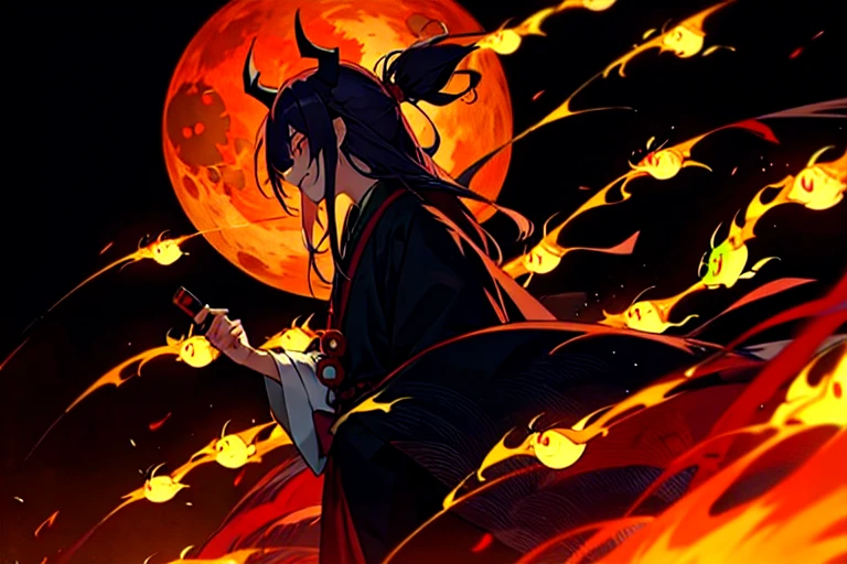 "Hyakki Yagyo" or "Night Parade of One Hundred Demons" is a Japanese folklore phenomenon where supernatural creatures such as yokai, demons, and ghosts form a procession and walk through the night. This event is said to strike fear into the hearts of those who encounter it, and meeting the procession at night is considered inauspicious,(Side angle))
