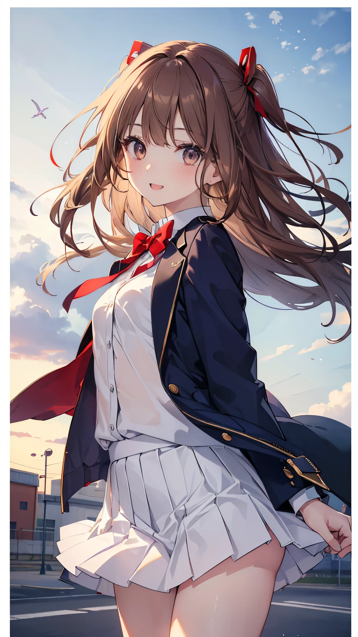 ((masterpiece, highest quality, High resolution, 超High resolution, Perfect Pixel, Depth of written border, 4K, RTTX 10.0, High resolution))), 1 girl、Draw the whole body、View from below、Pure white skin, Beautiful art style, (Straight long hair, bangs, brown hair:1.2,)( Curly Hair:0.3), White hairpin、((Dark brown eyes:1.4, Round eyes,Droopy eyes、Beautiful eyelashes, Realistic eyes)),, ((Smooth texture:1.2, Realistic texture:1.1, Realistic:1.1, The wind is blowing、Anime CG Style)), Medium chest, Perfect body, ((Portraiture, throw)), ((Red bow tie, , Navy blue jacket, Open jacket, White shirt, Red pleated skirt、White panties)), smile, Open your mouth、teeth、The wind blows and the skirt flutters