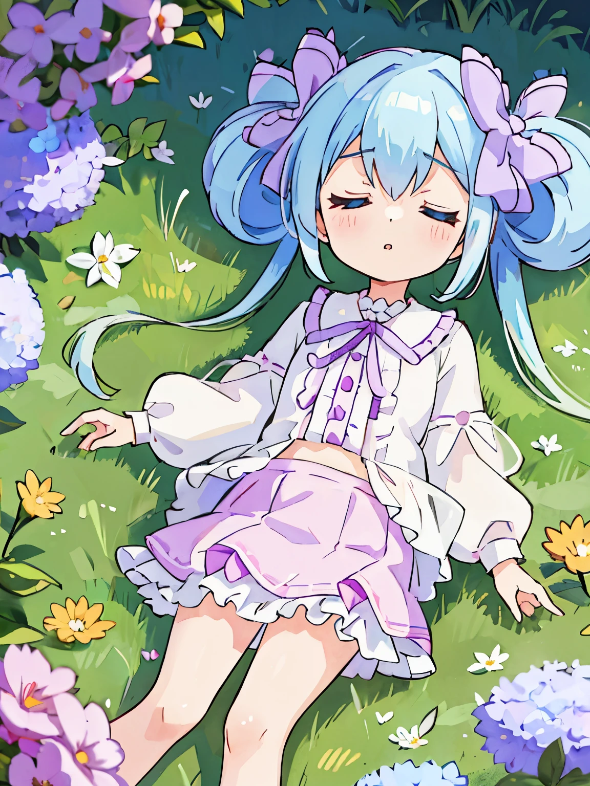 highest quality,Very detailed,masterpiece,White shirt, Pink mini skirt, Frills, Flat Chest, Long Hair, blue eyes, Double good, Purple ribbon, Blue Hair, Twin tails, Hair between the eyes, hair bow, Eyebrows visible through hair,Flower Field,Spread your hands,Lying on your back,lying on the ground,4K resolution,Chibi,Close ~ eyes,sleep