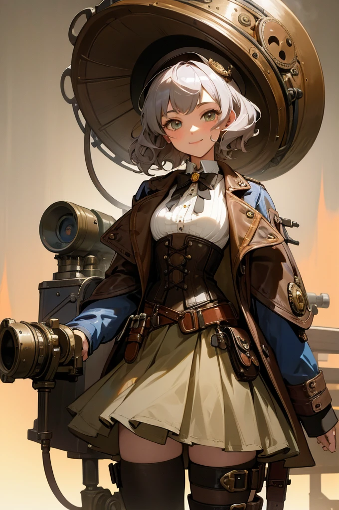 Photorealistic,(masterpiece, best quality:1.1), (8k, best quality, masterpiece, ultra highres, ultra-detailed:1.2),a girl,cute,17yo,tall little,steampunk fashion,gothic Steampunk hat,goggle,corset jumper skirt(brown),platform cowboy boots,
BREAK,
gray hair,wavy short hair,eyes with large brown irises,small mouth, smile,very happy, she has Steampunk gun,
BREAK,
combine Western elements with advanced technology,steam technology, steampunk,Late 19th century American West,beautiful lighting, volumetric lighting, dynamic angle, looking at viewer, (photographic portrait), sharp,