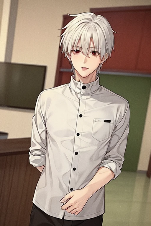 A young white haired handsome man with red eyes in a magic  is leaning against a tree