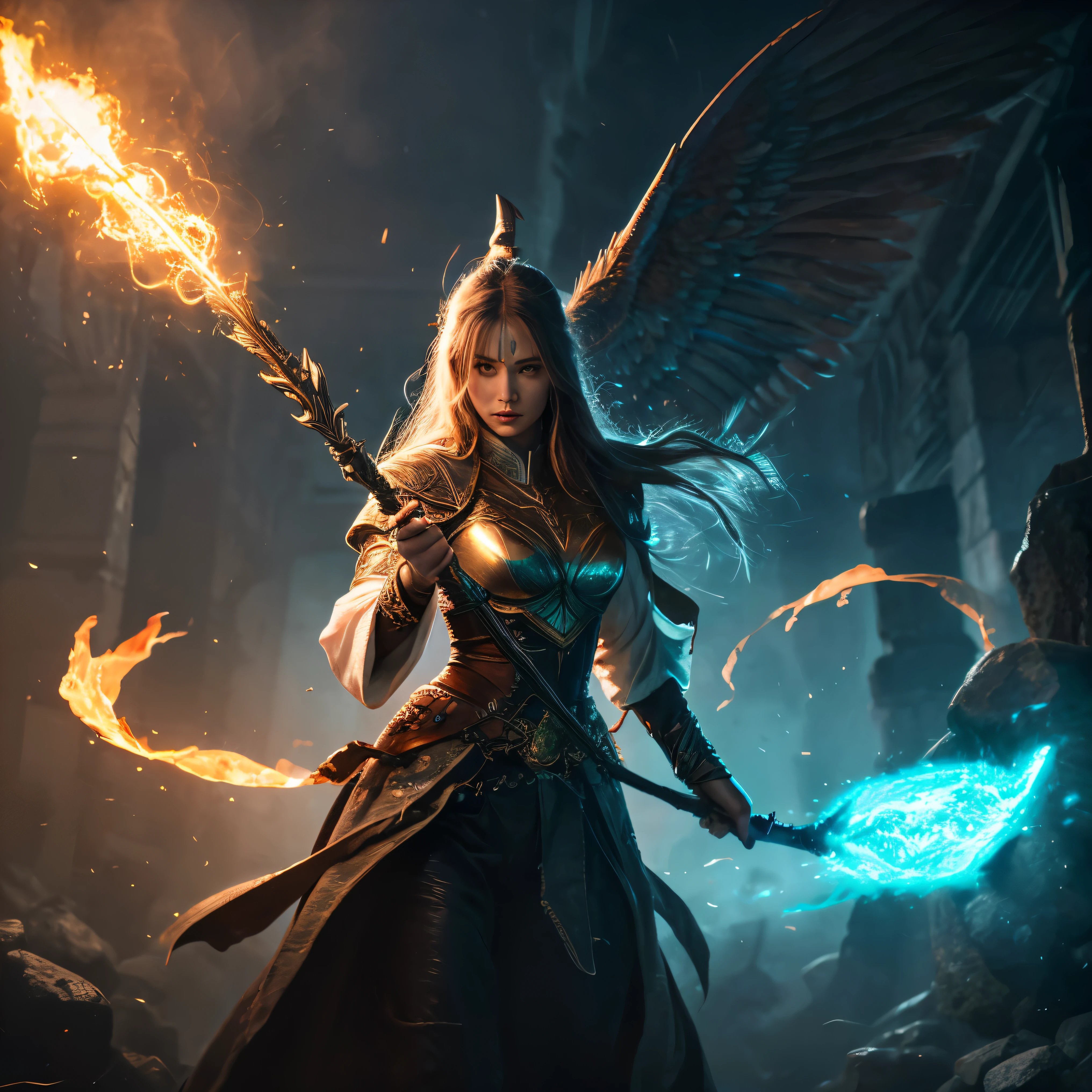 beautiful young woman, powerful aura, flowing robes of a wizard, wizard's staff, intense battle with an ogre, fantasy, high degree of exposure in clothing, fierce fight, aura radiating from the whole body. (best quality, highres), magical landscape, vibrant colors, dramatic lighting.