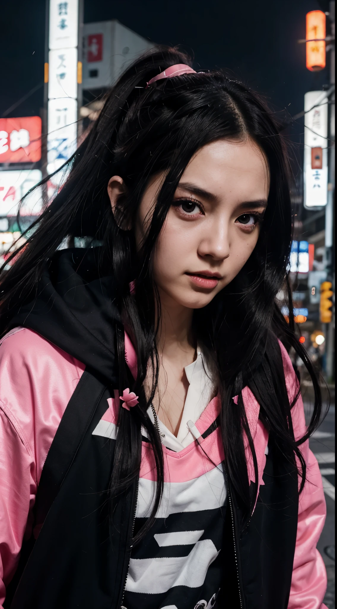 Potrait of a Nezuko, from kimetsu no Yaiba Universe, with amazing face, long black hair, chewing gum, cyberpunk style, at the city light of tokyo, using black hoodie with pink strip, holding a smartphone, high resolution, 4k, hd, realistic