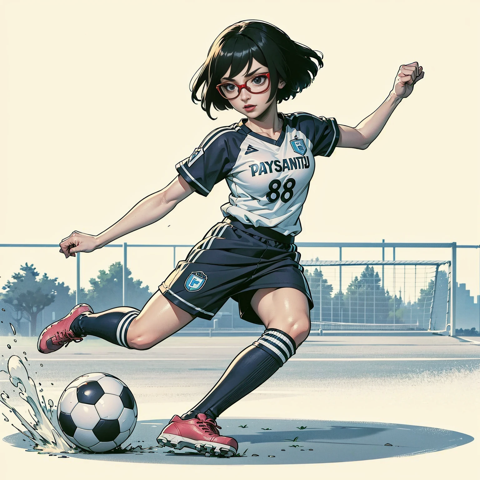 (1girl, Alone, alone), (WakatsukiRisa, Sarada uchiha, black hair, short hair, Black eyes, red glasses), ((Alone, (1woman, (big breasts) pink lipstick, Black eyes), extremely detailed , Soft ambient lighting, 4K, perfect eyes, a perfect face, Perfect Lighting, the 1 girl)), ((fitness, , shapely body, athletic body, toned body)) , ((soccer player uniform, Paysandu, Paysandu uniform, boot, socks, soccer field, kicking a ball))