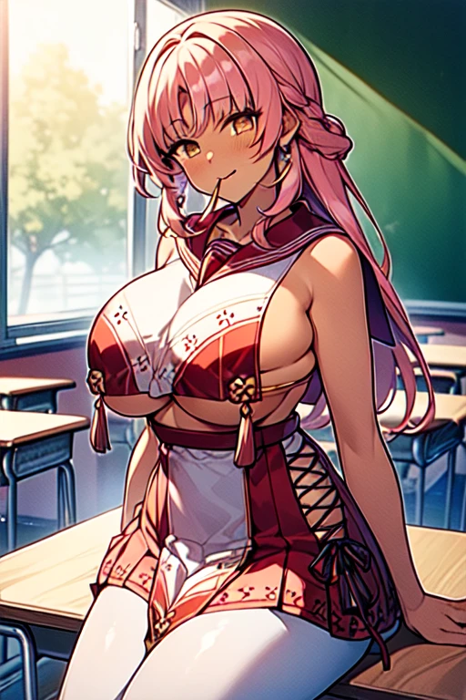 masterpiece, highest quality, Very detailed, Anime art style, One girl, alone, (Dark brown skin:1.6), Fuxuan, (big breasts:1.8), (((Pink Hair, Long Hair, Brown eyes))), Lips parted, (((Costumes - Camellia, red sailor collar, Chest curtain, Red Skirt, Elbow hand pockets, White Pantyhose))), A light smile, (Mouth closed), ((Sitting at the table, classroom))