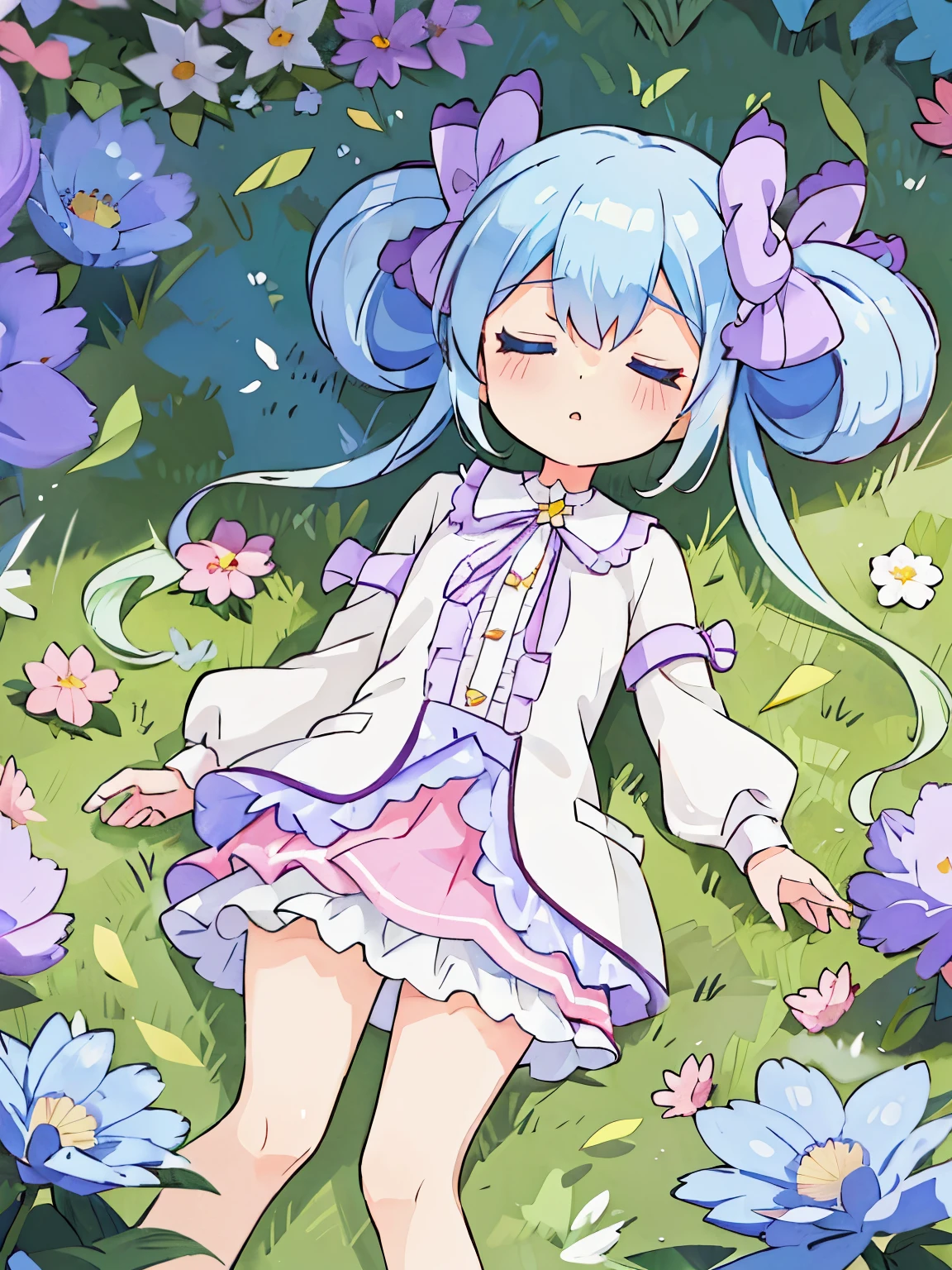 highest quality,Very detailed,masterpiece,White shirt, Pink mini skirt, Frills, Flat Chest, Long Hair, blue eyes, Double good, Purple ribbon, Blue Hair, Twin tails, Hair between the eyes, hair bow, Eyebrows visible through hair,Flower Field,Spread your hands,Lying on your back,lying on the ground,4K resolution,Chibi,Close ~ eyes,sleep
