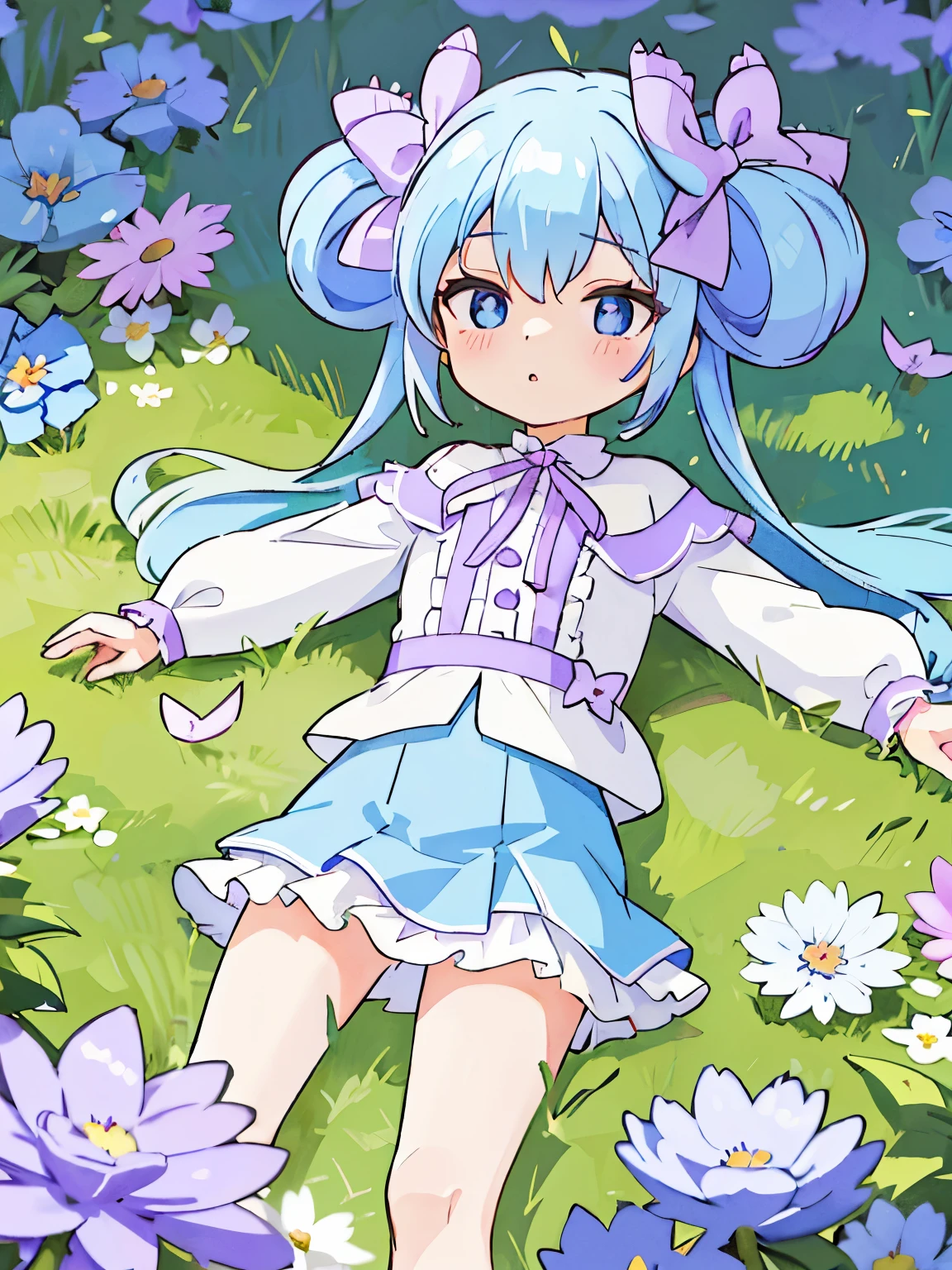 highest quality,Very detailed,masterpiece,White shirt, Pink mini skirt, Frills, Flat Chest, Long Hair, blue eyes, Double good, Purple ribbon, Blue Hair, Twin tails, Hair between the eyes, hair bow, Eyebrows visible through hair,Flower Field,Spread your hands,Lying on your back,lying on the ground,4K resolution,Chibi