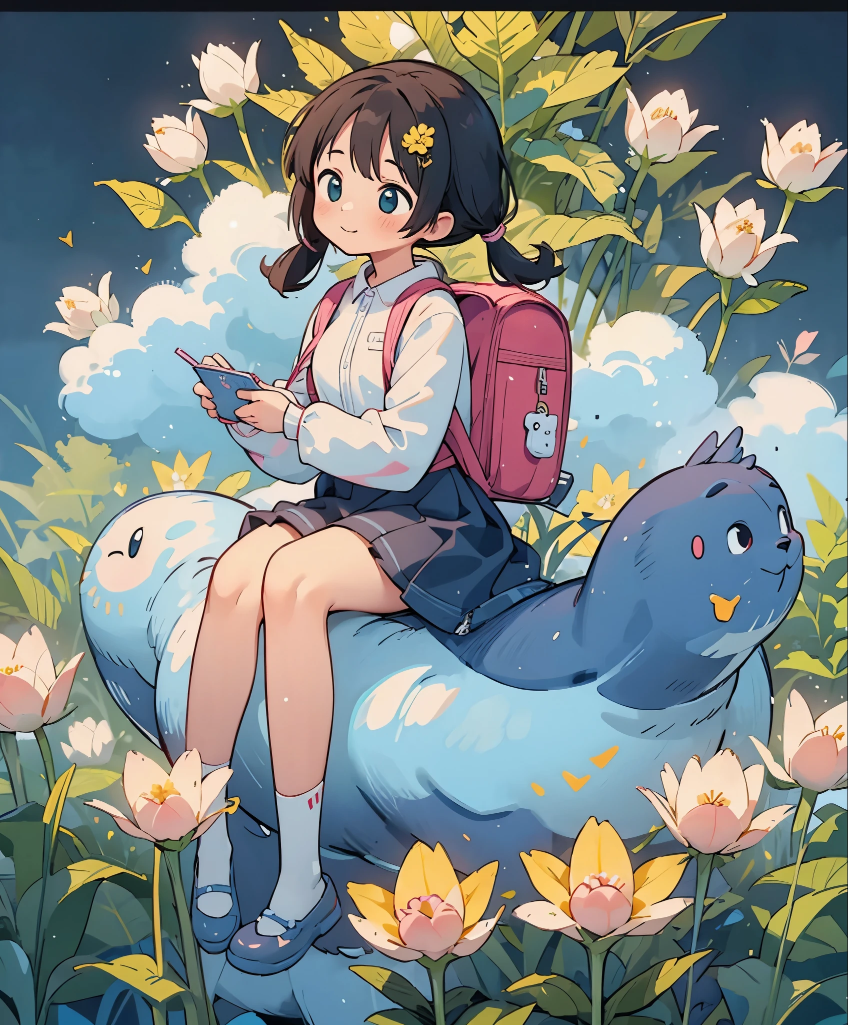 (masterpiece、highest quality、highest quality、Official Art、Beautiful and beautiful:1.2)、(One girl:1.3)Hatsune Miku、Twin tails,Big Breasts,Tips: Her cute puppy is very attractive and wearing a backpack.、Enjoying a nice spring outing surrounded by beautiful yellow flowers and nature。. The illustrations are high definition illustrations with 4k resolution., Featuring highly detailed facial features and cartoon-style visuals.