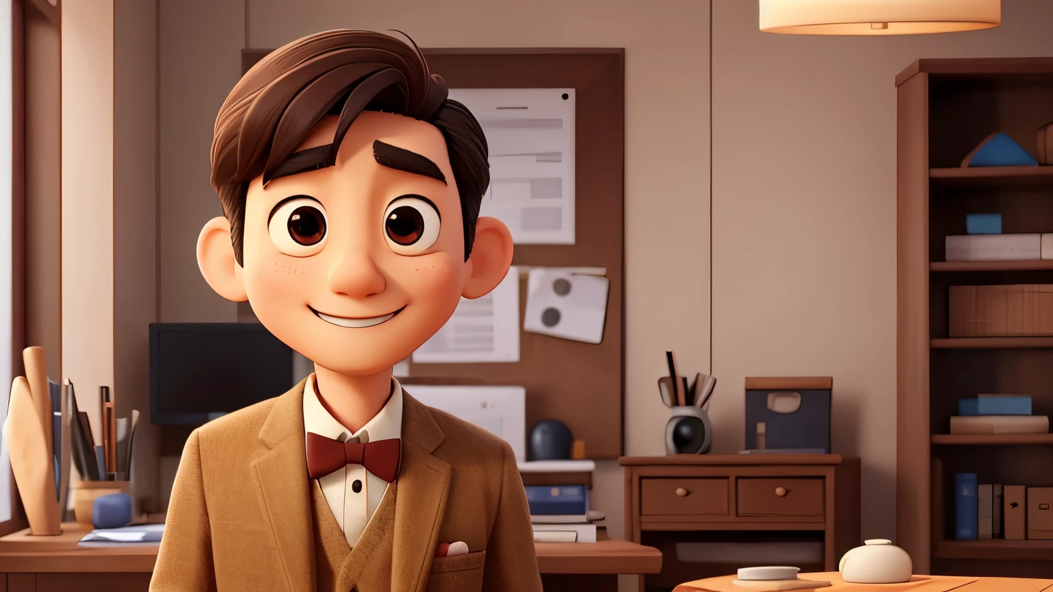 Realistic without deformation, A neat and tidy Japanese man in his 50s, Small, Cute, round eyes、Smooth Skin, round face, The body is facing straight ahead towards the camera., looking at viewer, smile, Wearing a brown tweed blazer, White shirt with bow tie, The background is a clean and bright office