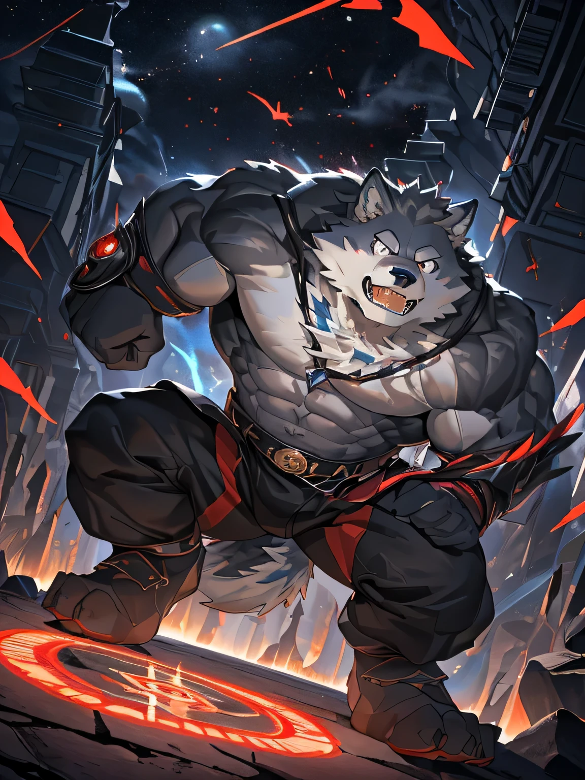 (super detailed,actual,high resolution), darkside style, (dark and mysterious atmosphere:dramatic lighting:1.1), (sharp focus:1.2), (bright colors:1.1), (Detailed muscles:1.1), (intense expression), (Strong wolf)，（Naked upper body），（black eyes），(muscular physique), (sinister aura), (There is a red magic circle under your feet), (Elegant and seductive posture), (gray fur), (sharp gaze:Enchanting), (Muscular limbs), (majestic presence), (grin), (Red is faintly visible on the fur), (Sinuous Movement), (Dynamic and captivating composition), (Impressive attention to detail), (Subtle highlights and shadows:Carefully rendered), (unforgettably beautiful), (Majestic and powerful), (Radiate a feeling of awe and fear), (A sinister and fascinating presence), (Carefully crafted), (Complex texture),